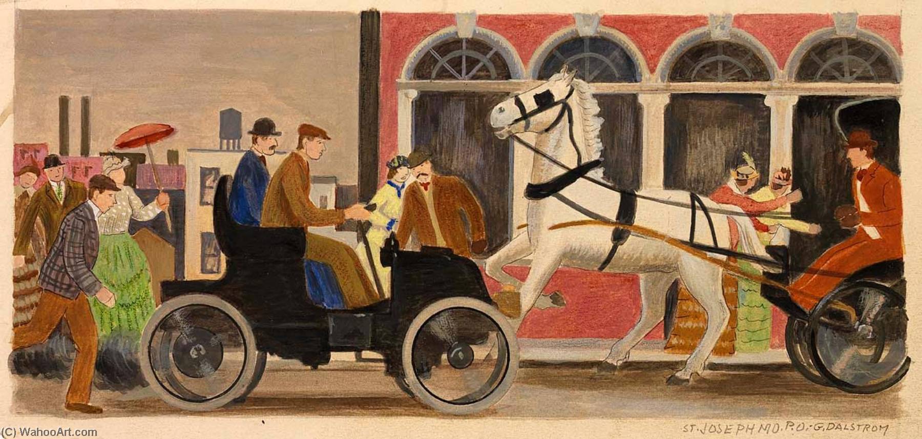 Order Artwork Replica Horseless Carriage (mural study, St. Joseph, Missouri Post Office and Courthouse), 1941 by Gustaf Oscar Dalström (Inspired By) (1893-1971) | ArtsDot.com
