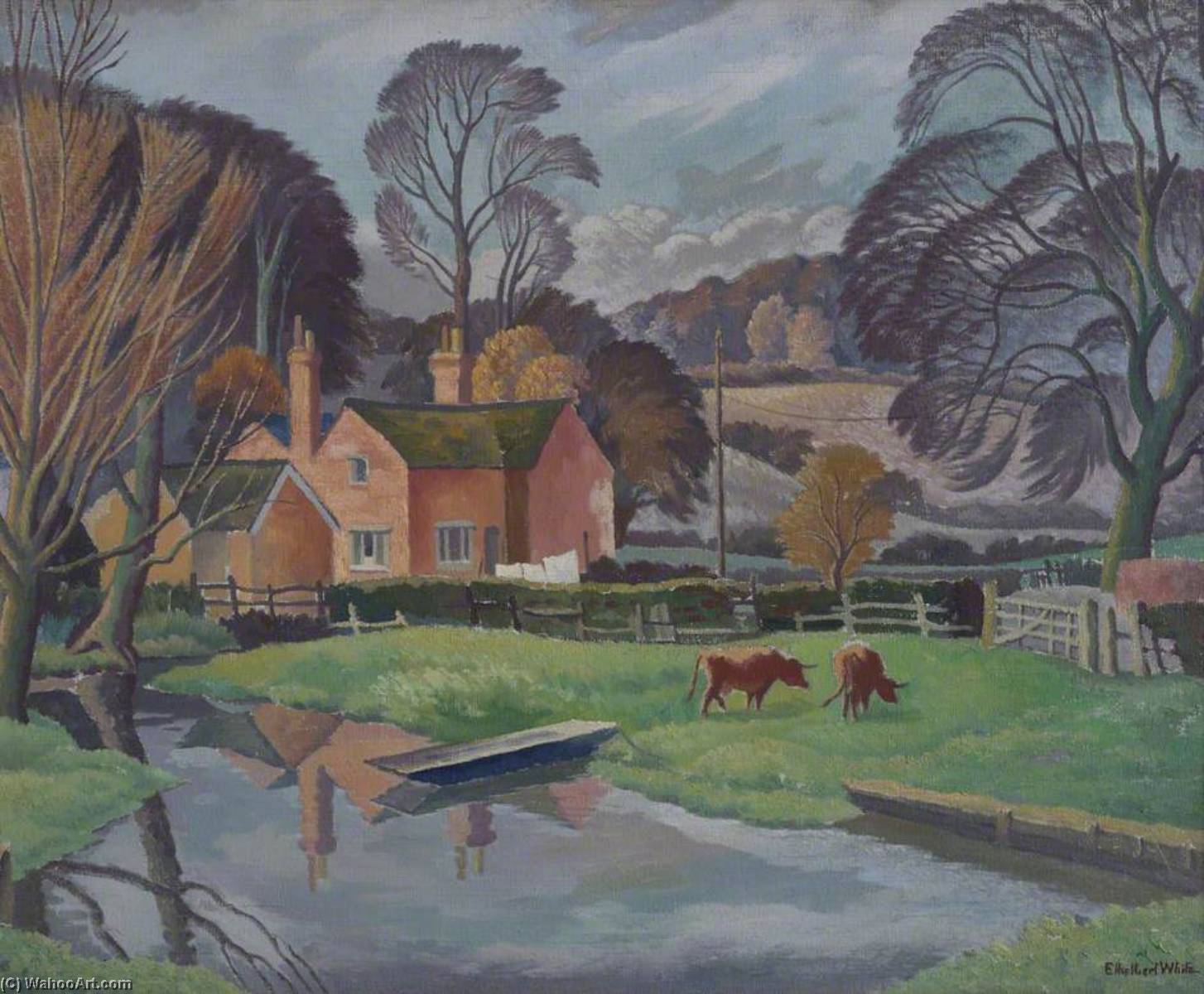 Buy Museum Art Reproductions Landscape with Cows and a Punt by Ethelbert White (Inspired By) (1891-1972) | ArtsDot.com