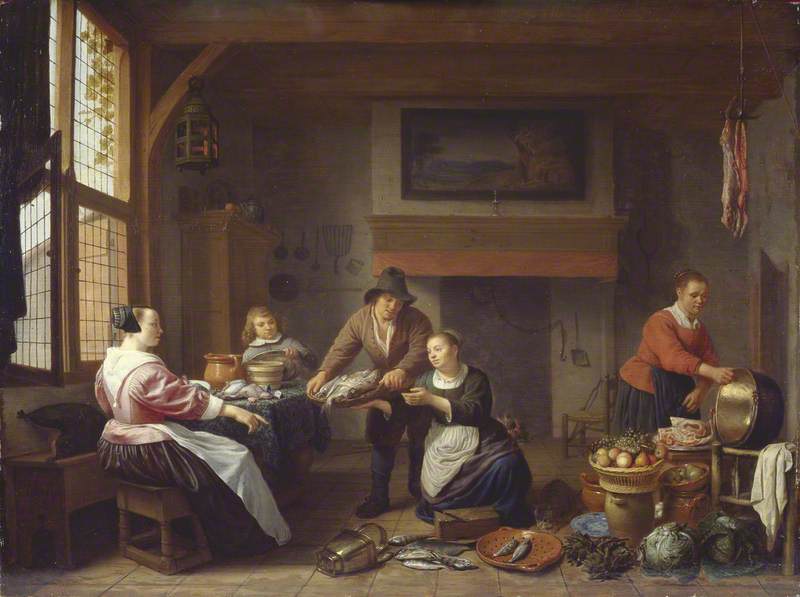 Order Oil Painting Replica Kitchen Interior with a Man Bringing Fish for Sale, 1657 by Hendrik Martensz Sorgh (1610-1670) | ArtsDot.com