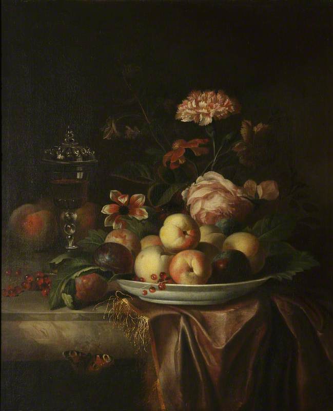 Order Paintings Reproductions A Dish of Peaches and Plums on a Marble Table with Flowers and a Glass Chalice by Jakob Bogdany | ArtsDot.com