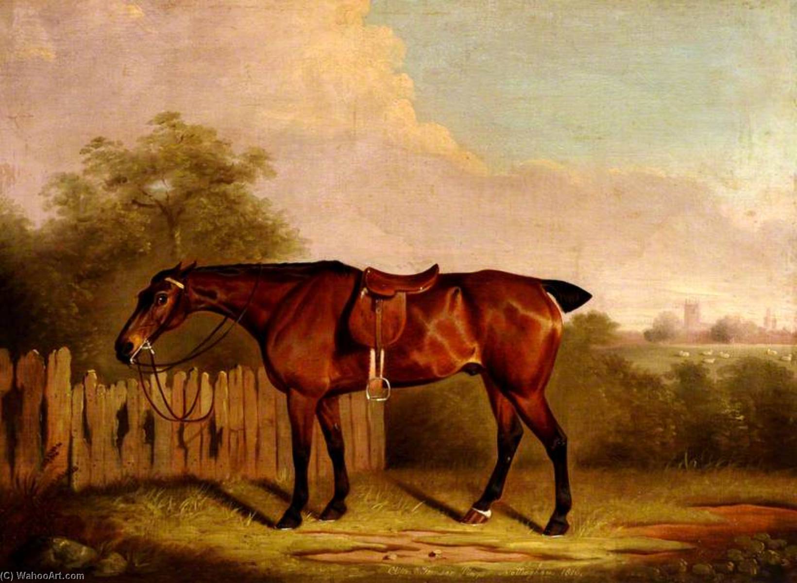Order Oil Painting Replica A Saddled Bay Hunter in a Landscape, beside a Fence, 1810 by Clifton Tomson (1775-1828) | ArtsDot.com