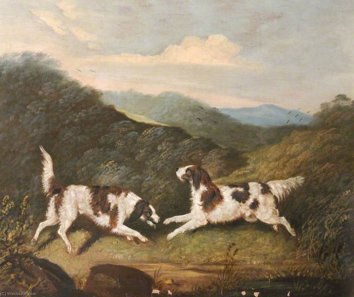 Order Art Reproductions Two Springer Spaniels in a Landscape, 1811 by Clifton Tomson (1775-1828) | ArtsDot.com