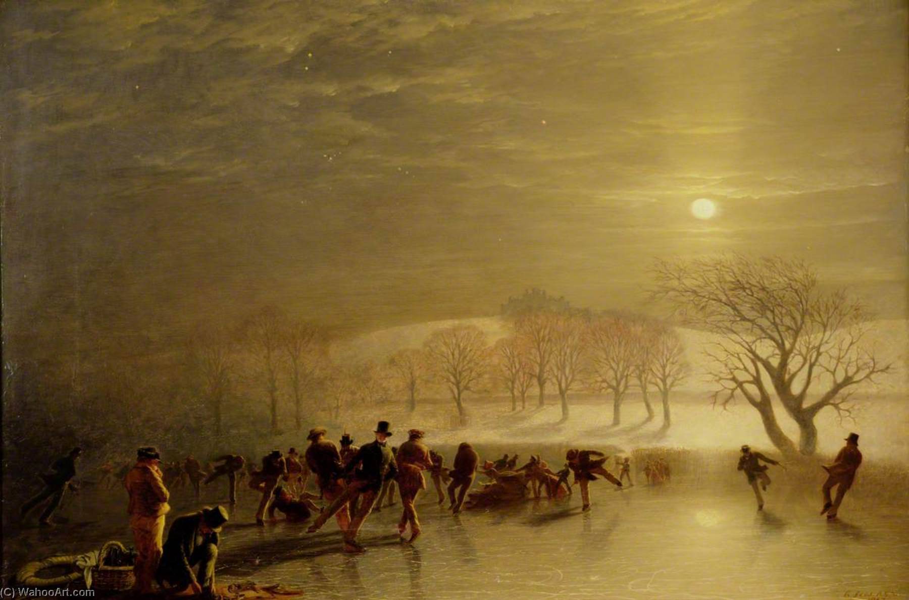 Order Paintings Reproductions Skaters, Duddingston Loch by Moonlight by Charles Lees (1800-1880) | ArtsDot.com