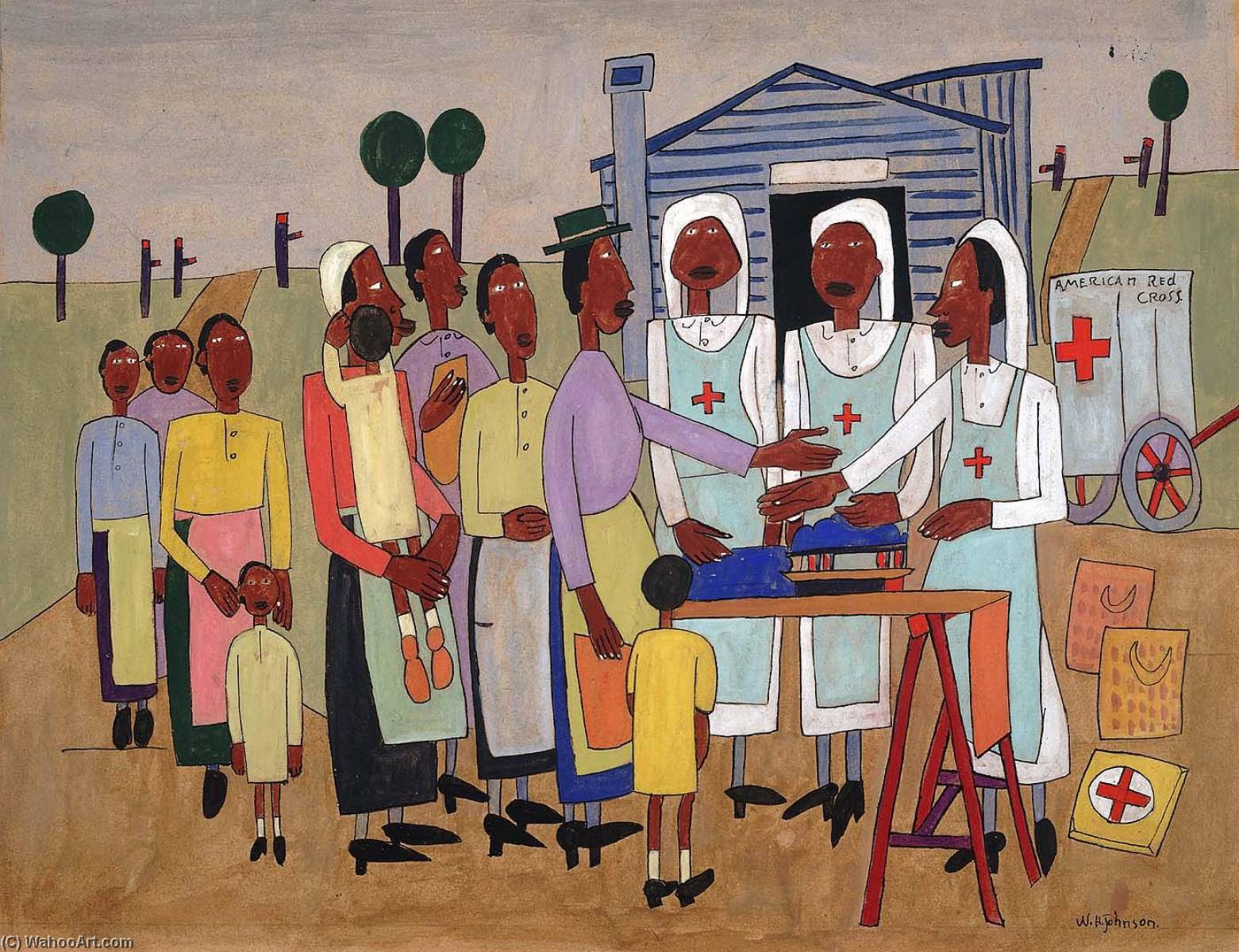 Order Artwork Replica Red Cross Nurses Handing out Wool for Knitting, 1942 by William Henry Johnson (Inspired By) (1901-1970, United States) | ArtsDot.com