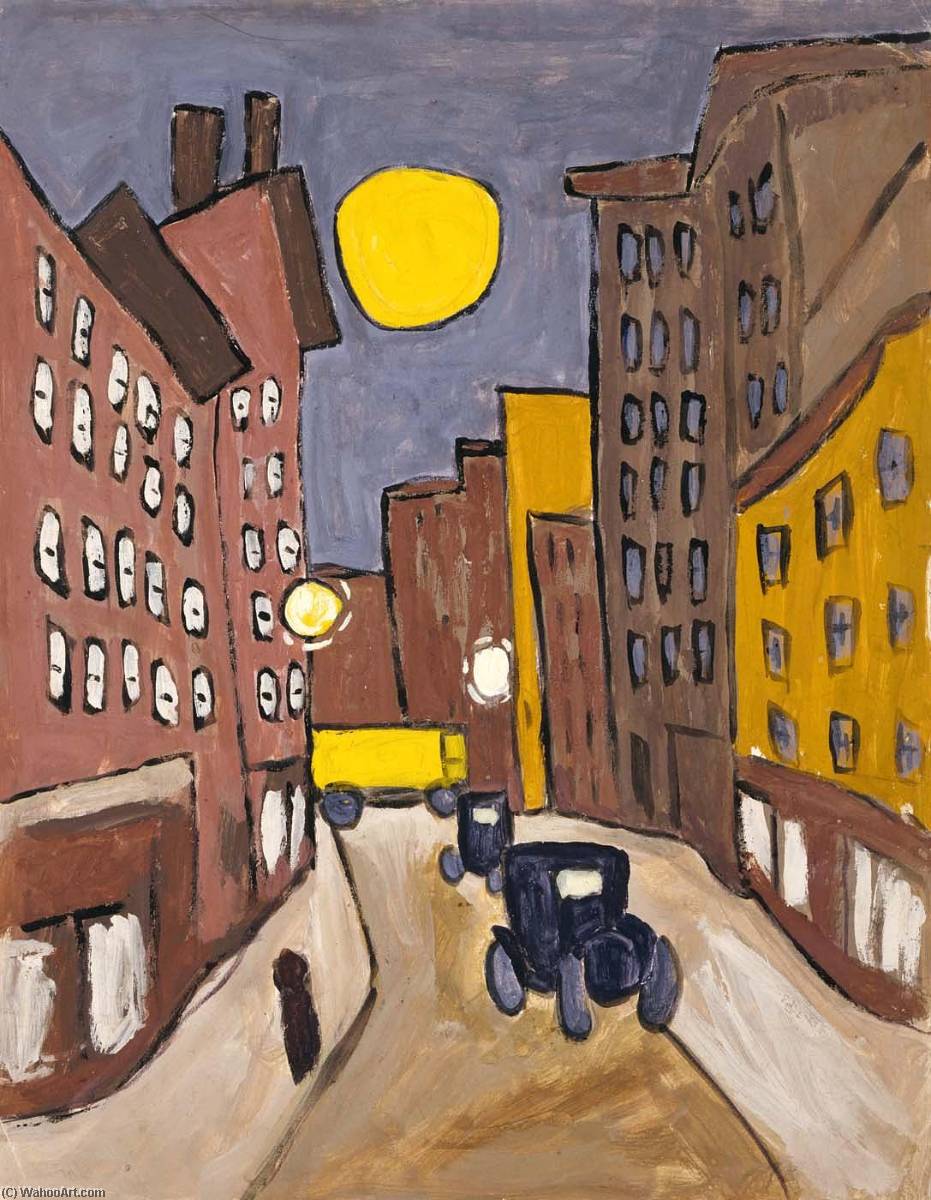 Order Oil Painting Replica Harlem Street Scene with Full Moon, 1940 by William Henry Johnson (Inspired By) (1901-1970, United States) | ArtsDot.com