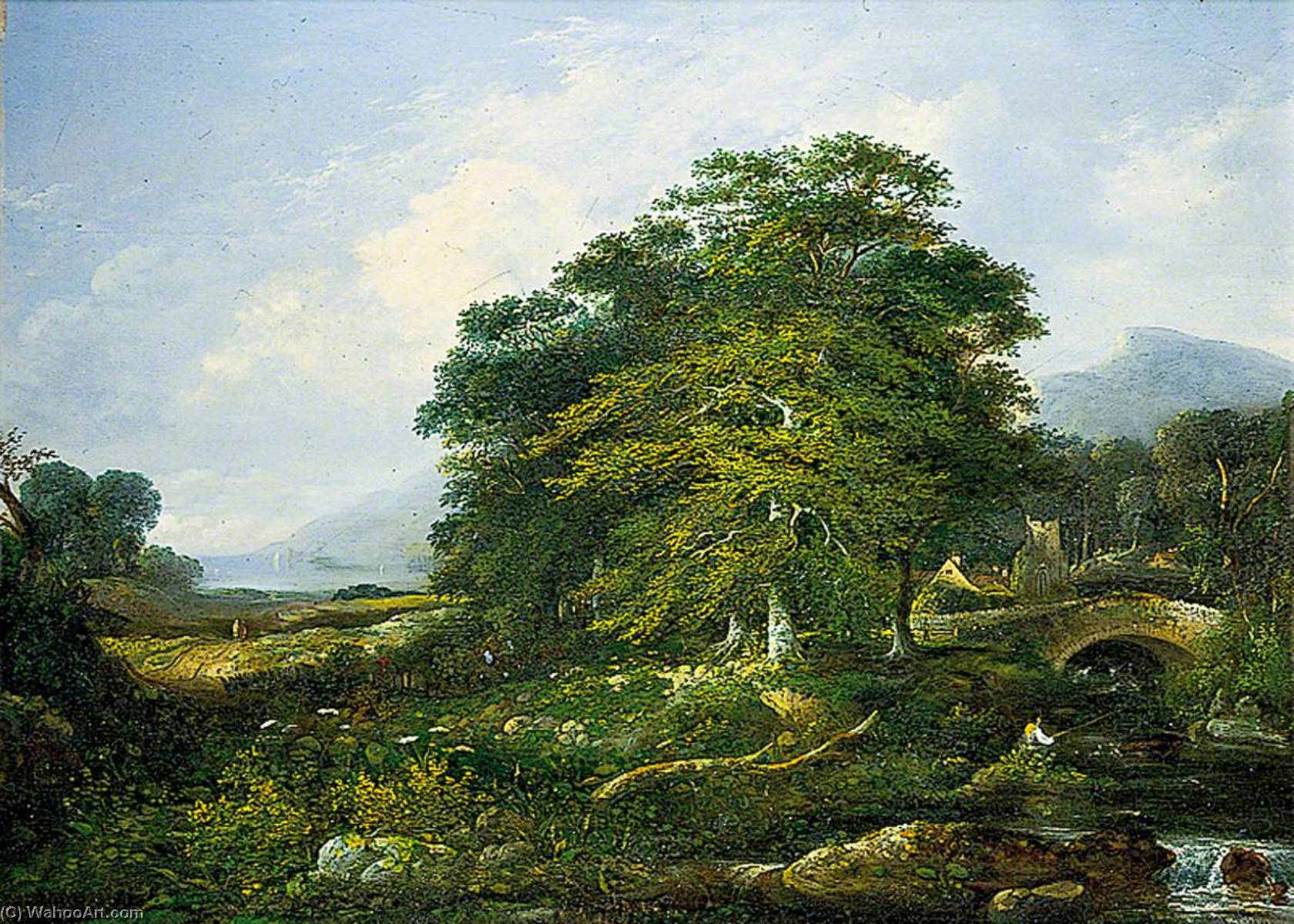 Order Paintings Reproductions Landscape with a Bridge and a Man Fishing, 1843 by William Henry Crome (1806-1873) | ArtsDot.com