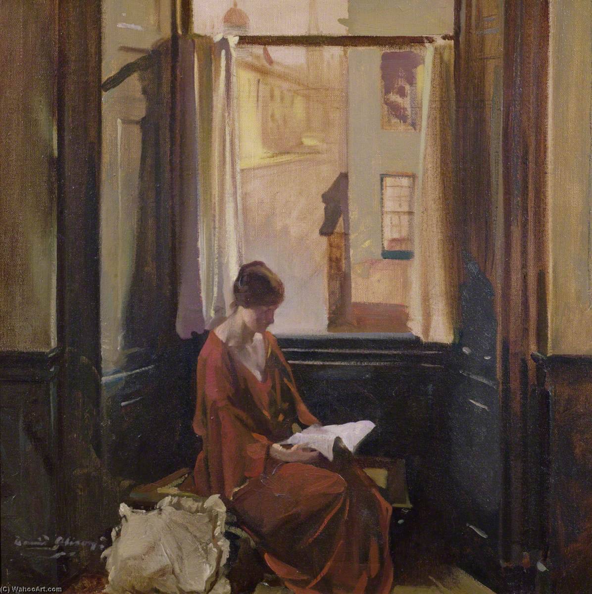 Order Oil Painting Replica Woman Reading by a Window by David Alison (Inspired By) (1882-1955) | ArtsDot.com