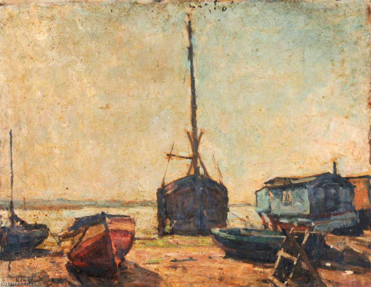Buy Museum Art Reproductions Houseboats at Milton with a Dinghy and Sawhorse in the Foreground by Edward Robert King (1862-1951) | ArtsDot.com