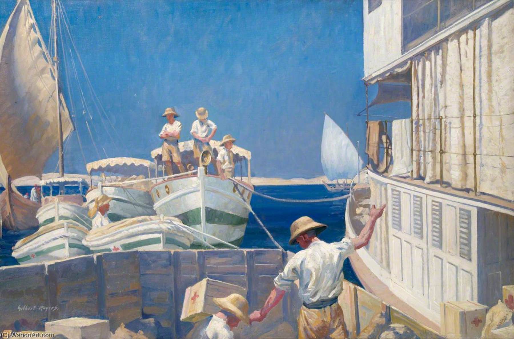Order Art Reproductions A British Red Cross Society and Order of St John of Jerusalem Hospital Ship and Barges on the Tigris, 1919 by Gilbert Rogers (Inspired By) (1881-1956) | ArtsDot.com