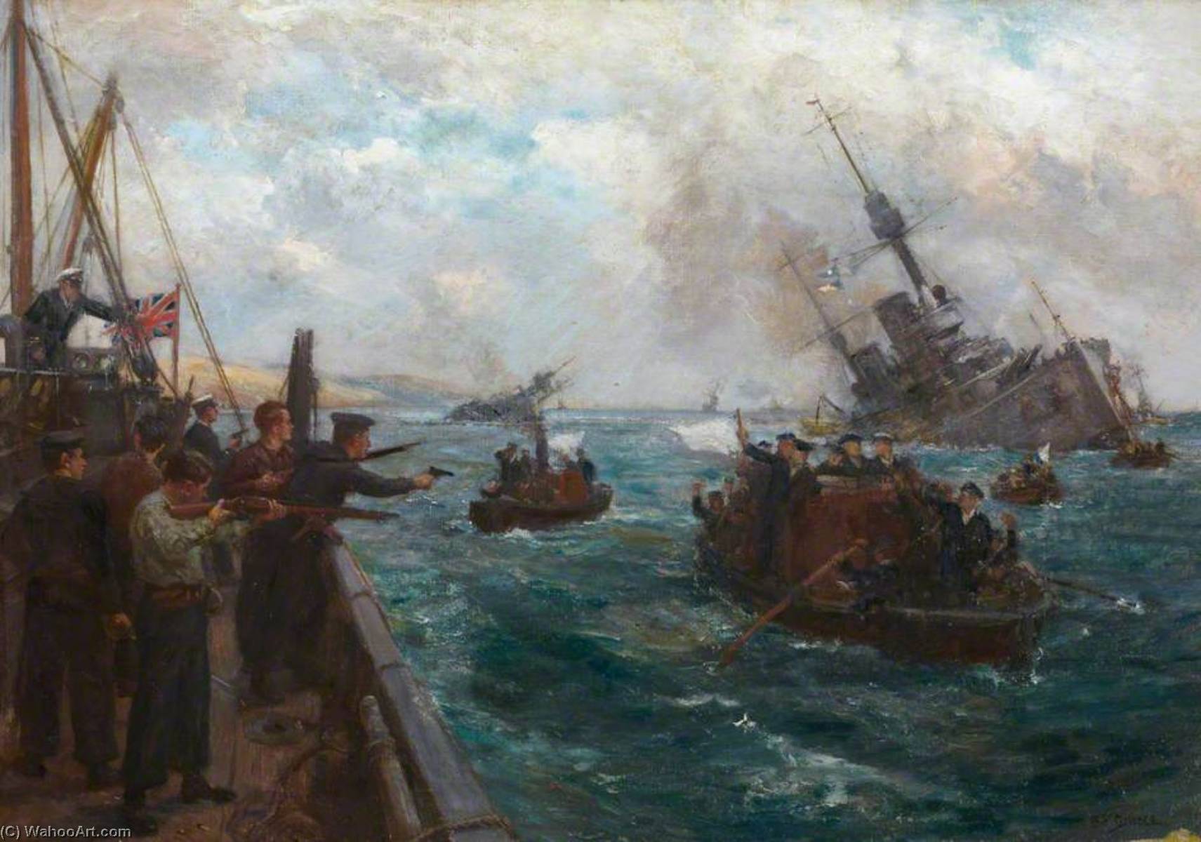 Order Oil Painting Replica Sinking of the German Fleet – Scapa Flow on Saturday 21 June 1919, 1919 by Bernard Finnigan Gribble (Inspired By) (1872-1962) | ArtsDot.com