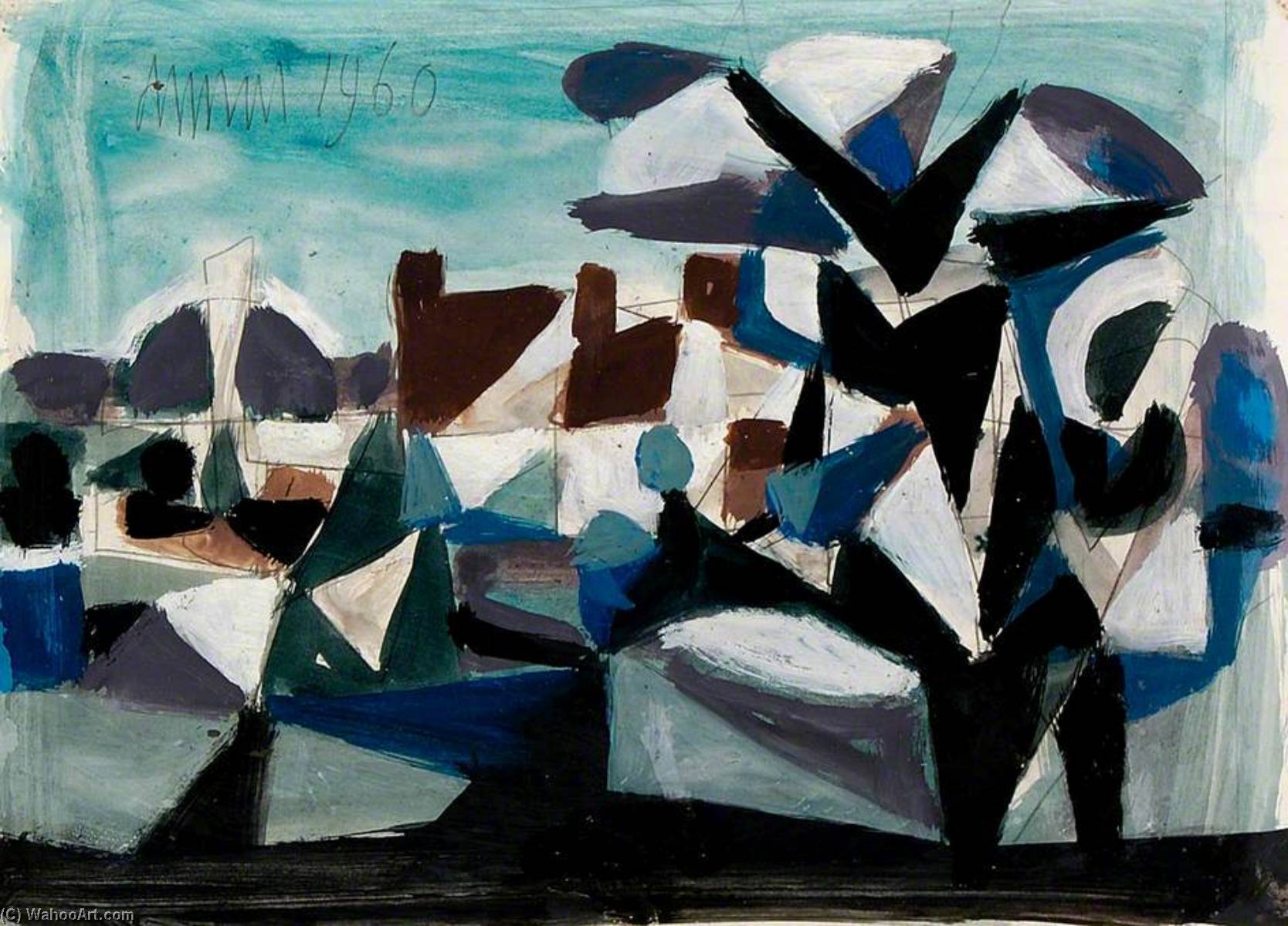 Order Oil Painting Replica Geometric Landscape in Black, Brown, Blue and Purple by Roy Turner Durrant (Inspired By) (1925-1998) | ArtsDot.com