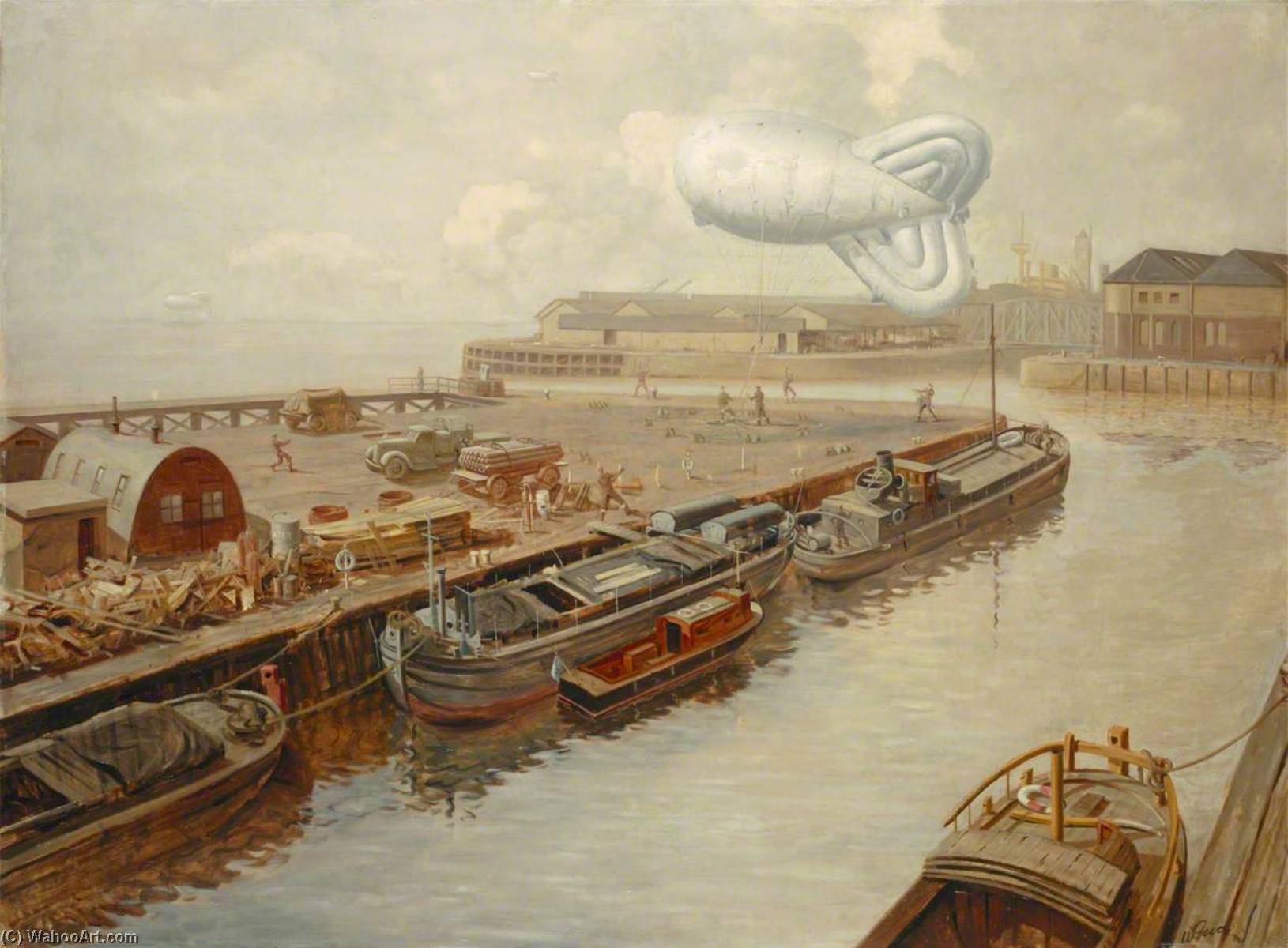 Order Paintings Reproductions A Barrage Balloon over a Dock at Hull, 1942 by Walter Goodin (Inspired By) (1907-1992) | ArtsDot.com