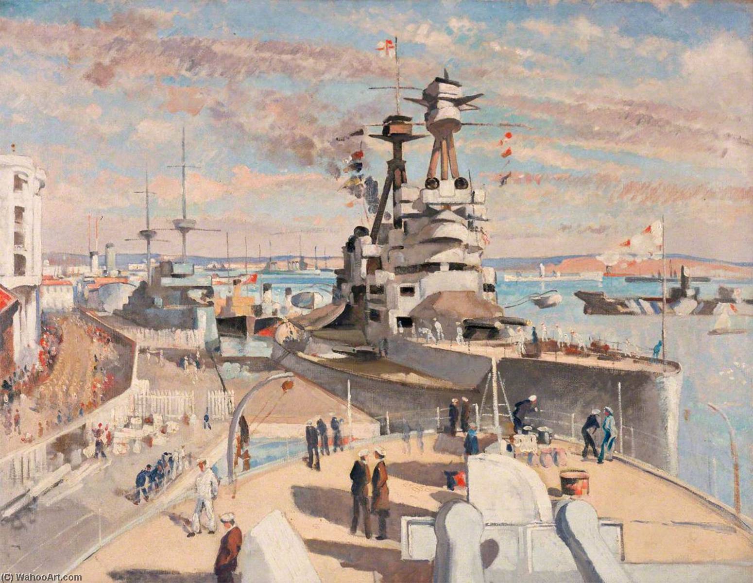 Buy Museum Art Reproductions From HMS `Caesar` HMS `Superb` at Constantinople, HMS `Lord Nelson` and the French `Diderot` in the Distance with Seaforth Highlanders Marching along the Quay, 1919 by Philip Connard (Inspired By) (1875-1958) | ArtsDot.com
