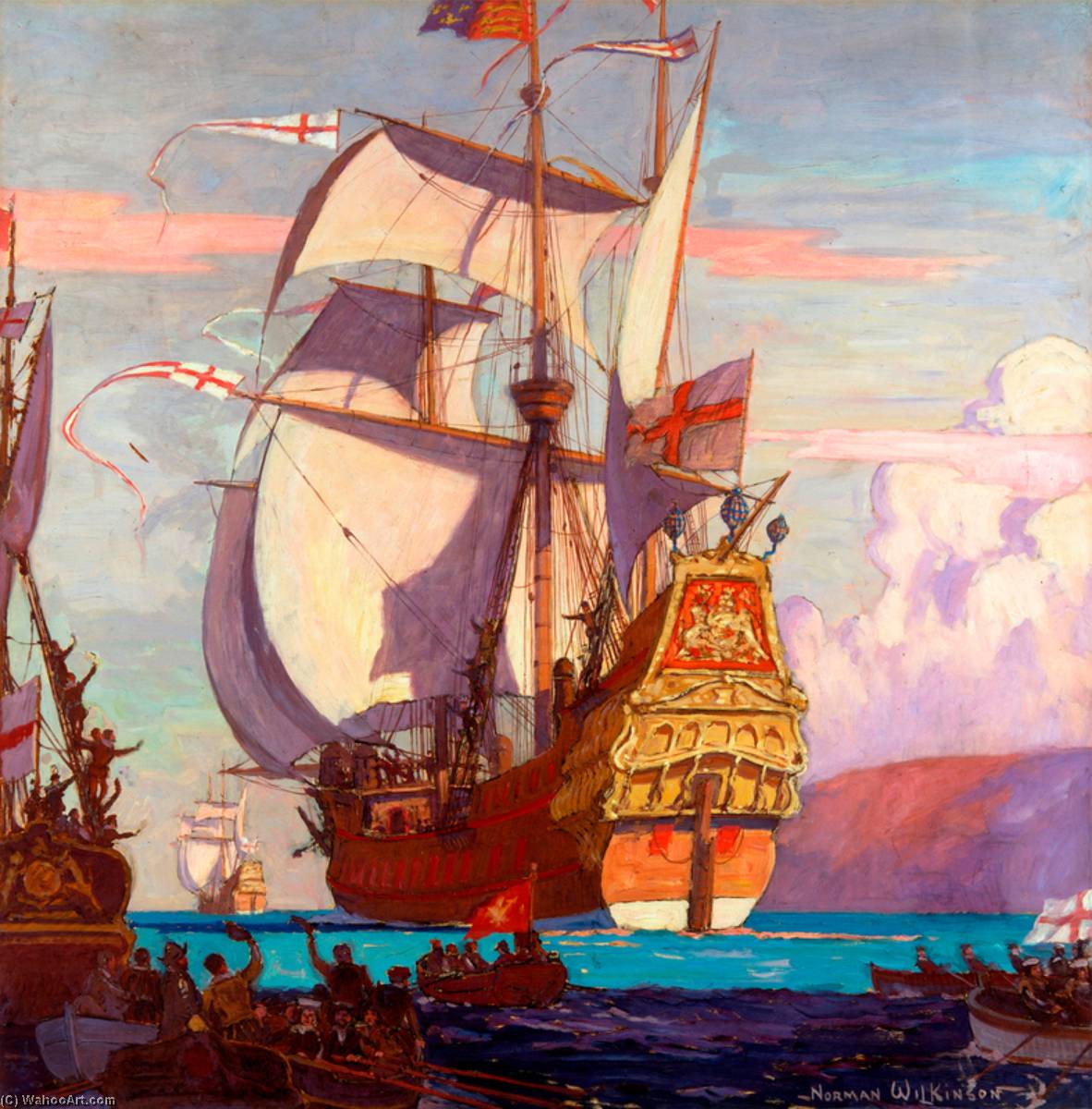 Order Artwork Replica The `Revenge` Leaving Plymouth to Meet the Armada, from Sir Herbert Beerbohm Tree`s Production of `Drake` by Louis N. Parker, 1912 by Norman Wilkinson (Inspired By) (1878-1971) | ArtsDot.com