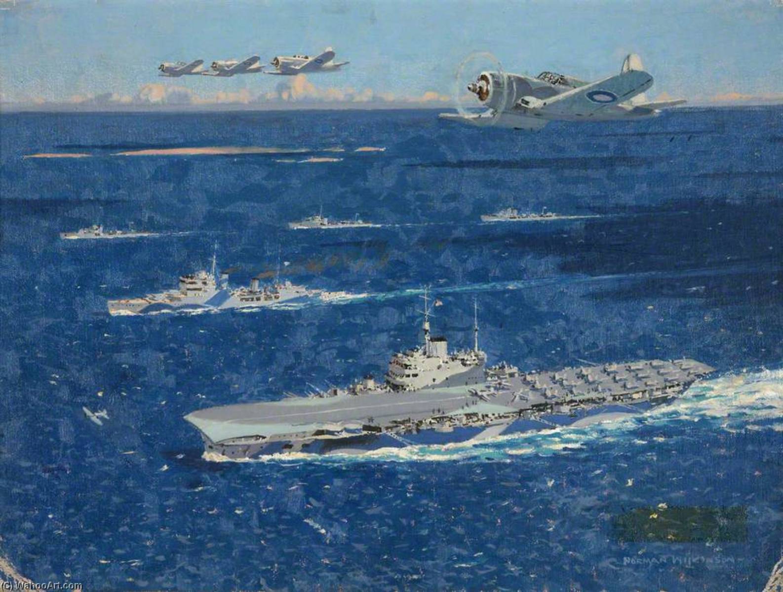 Purchase Oil Painting Replica War in Pictures An Aircraft Carrier, A Cruiser and Three Destroyers, 1946 by Norman Wilkinson (Inspired By) (1878-1971) | ArtsDot.com