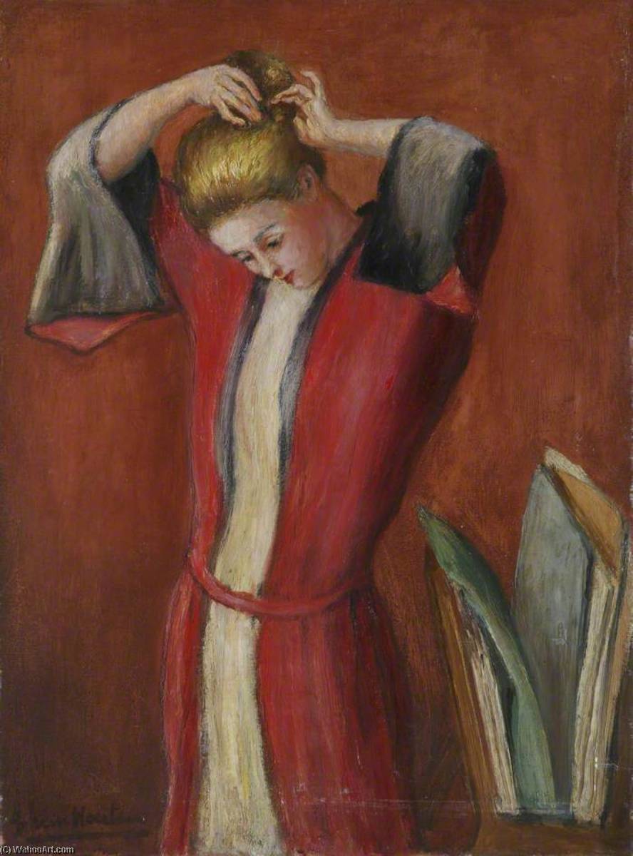 Order Oil Painting Replica Lady in a Red and White Robe, Pinning up Her Hair, 1922 by Georges Van Houten (Inspired By) (1888-1964) | ArtsDot.com
