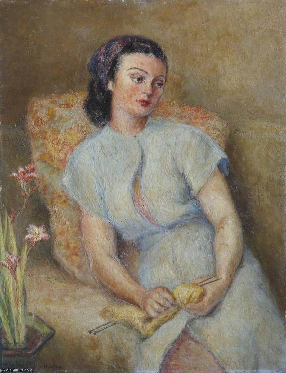 Order Oil Painting Replica Lady Knitting with a Vase of Freesias or Crocosmia ( ) by Georges Van Houten (Inspired By) (1888-1964) | ArtsDot.com