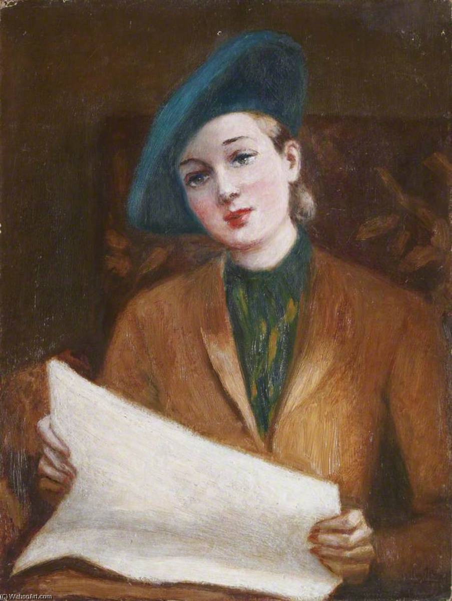 Compra Riproduzioni D'arte Del Museo Ritratto di una signora in un cappello blu Leggere un giornale di Georges Van Houten (Ispirato da) (1888-1964) | ArtsDot.com
