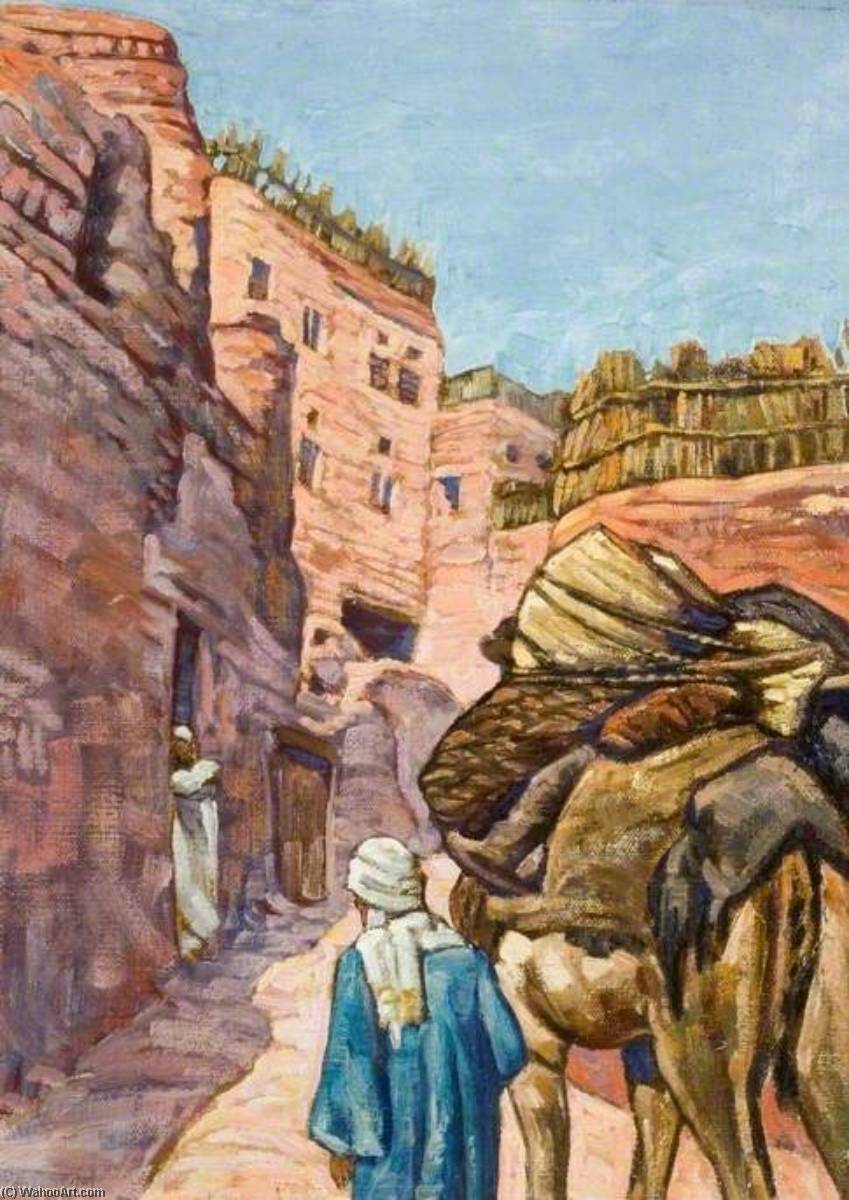 Order Oil Painting Replica Arab Leading a Camel up a Steep Village Street by Myrtle Broome (Inspired By) (1888-1978) | ArtsDot.com