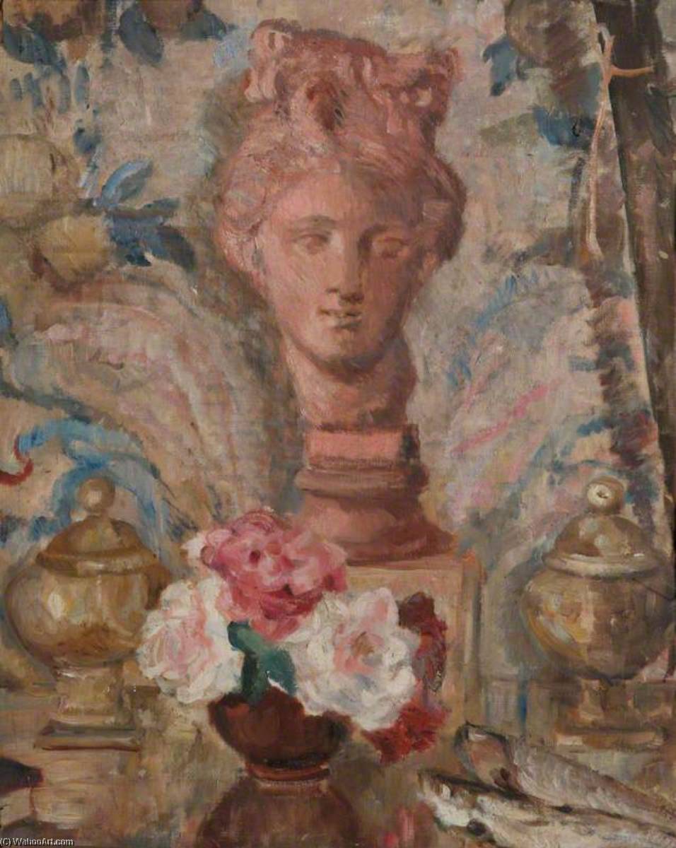 Order Oil Painting Replica Still Life of a Terracotta Head with a Vase of Flowers and Two Urns by Alan Francis Clutton Brock (Inspired By) (1904-1976) | ArtsDot.com