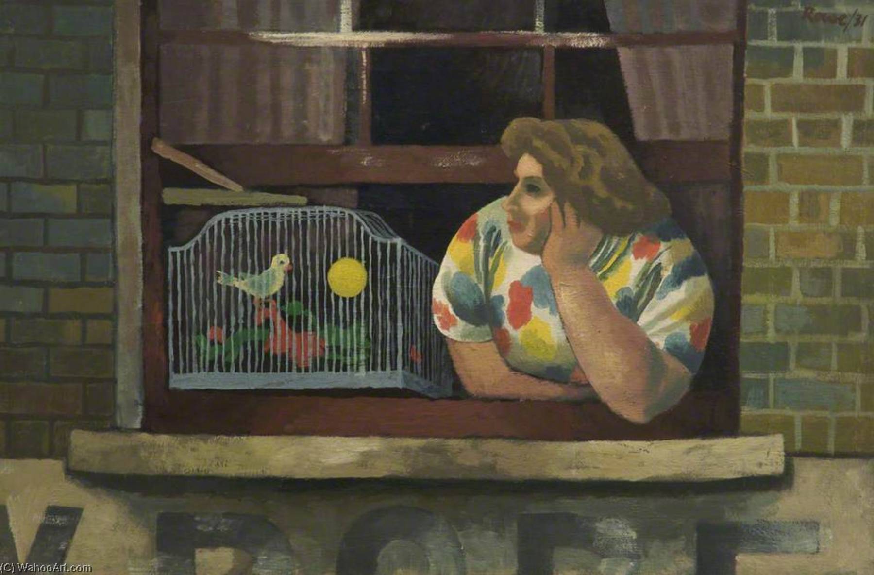 Order Oil Painting Replica Woman with Birdcage in Window, 1931 by Cliff Rowe (Inspired By) (1904-1988) | ArtsDot.com