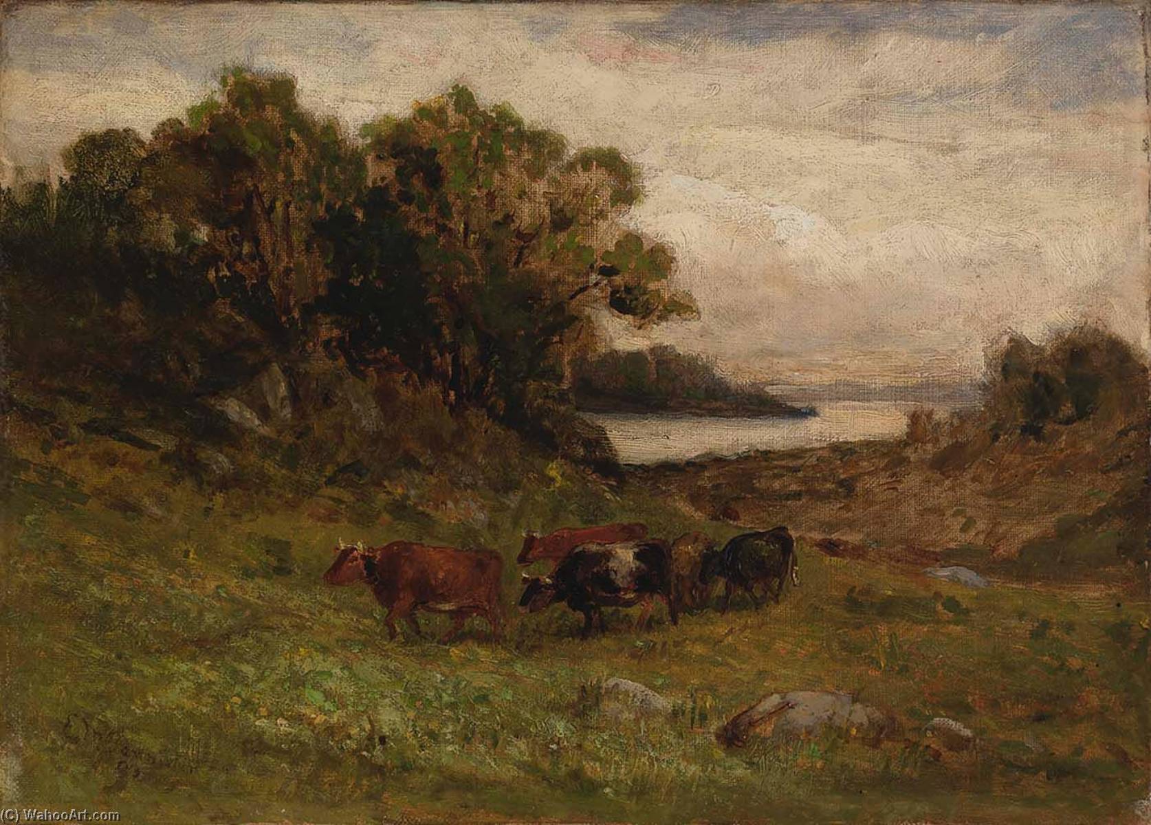 Ordem Reproduções De Arte Sem título (cinco vacas pastando com árvores e rio em fundo) por Edward Mitchell Bannister (1828-1901, Canada) | ArtsDot.com