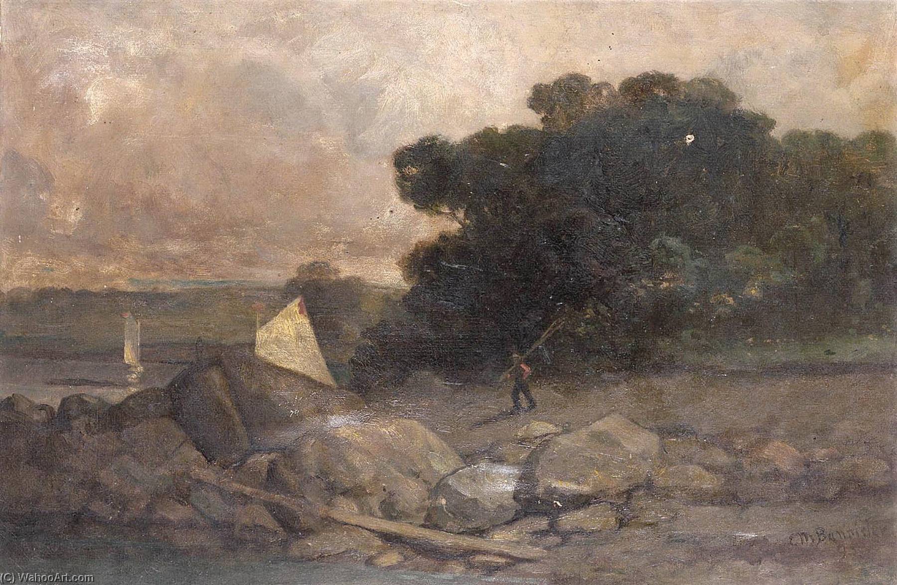 順序 「アート再現 無題(ロック、マン、帆船とのランドスケープ), 1895 バイ Edward Mitchell Bannister (1828-1901, Canada) | ArtsDot.com