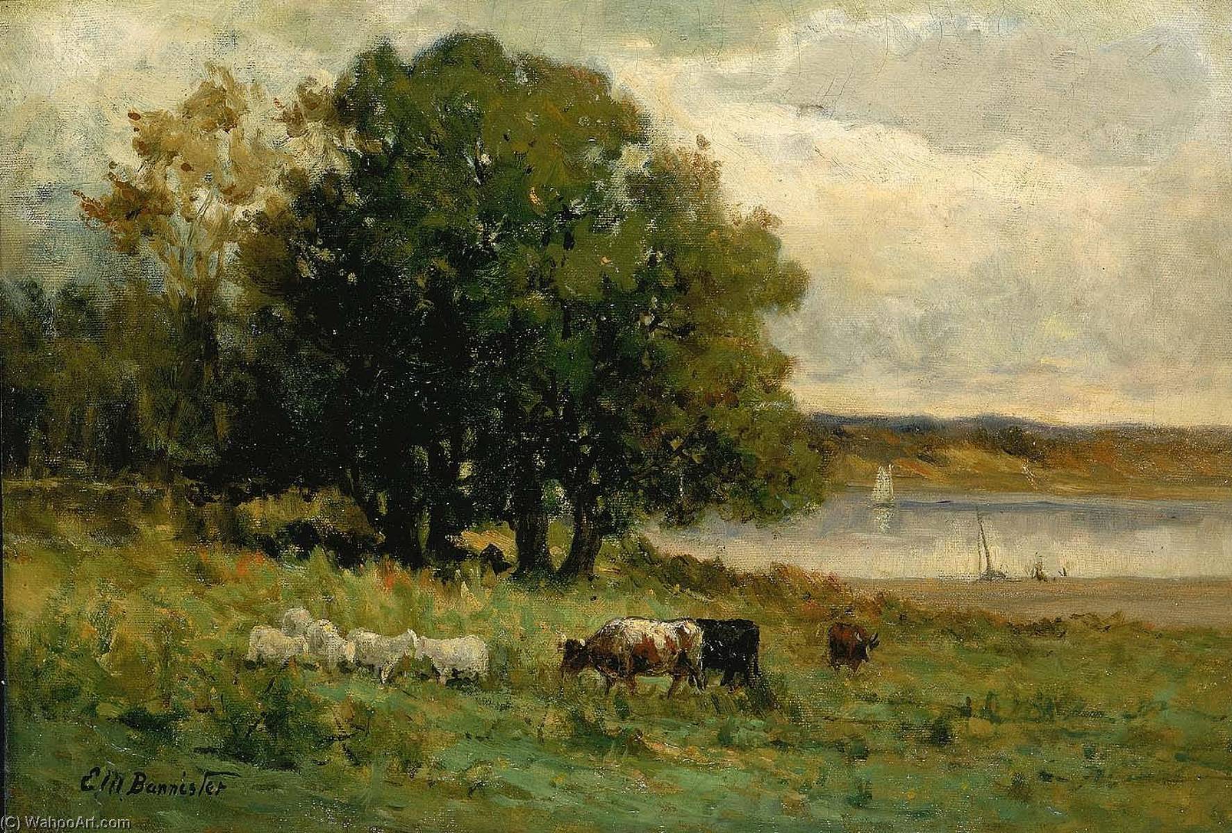 Order Oil Painting Replica Untitled (cattle near river with sailboat in distance) by Edward Mitchell Bannister (1828-1901, Canada) | ArtsDot.com
