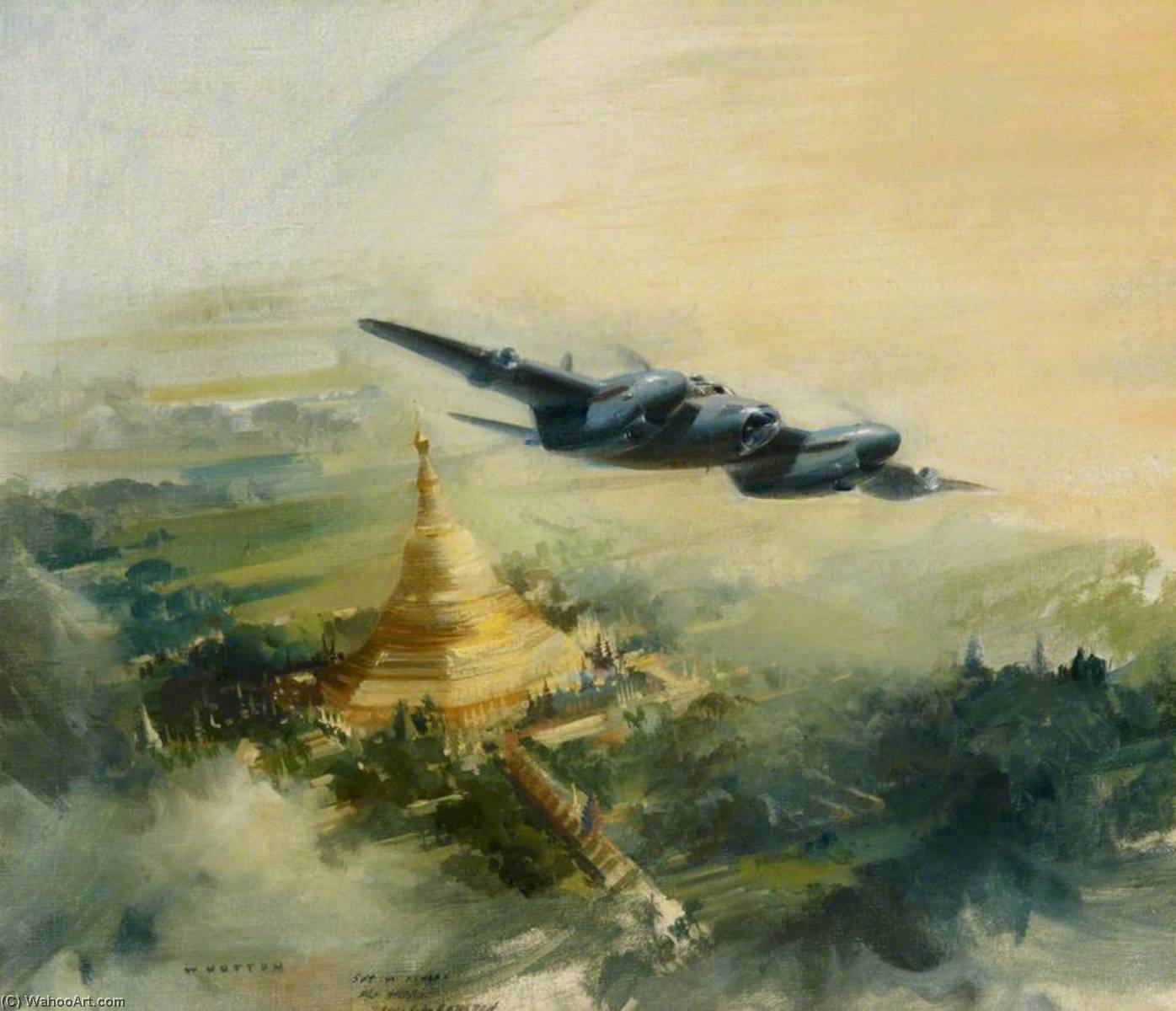 Buy Museum Art Reproductions PR (Photo Reconnaissance) Mosquito of 684 Squadron over the Shwedagon Pagoda, Rangoon, 1945 by Frank Wootton (Inspired By) (1911-1998) | ArtsDot.com