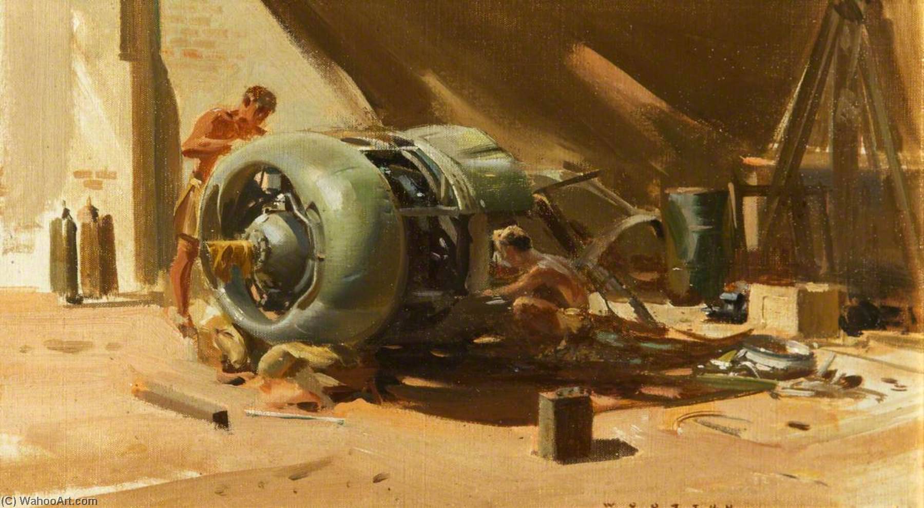 Order Artwork Replica Engine Change Mechanics Stripping an Engine, SEAC (South East Asia Command), 1945 by Frank Wootton (Inspired By) (1911-1998) | ArtsDot.com