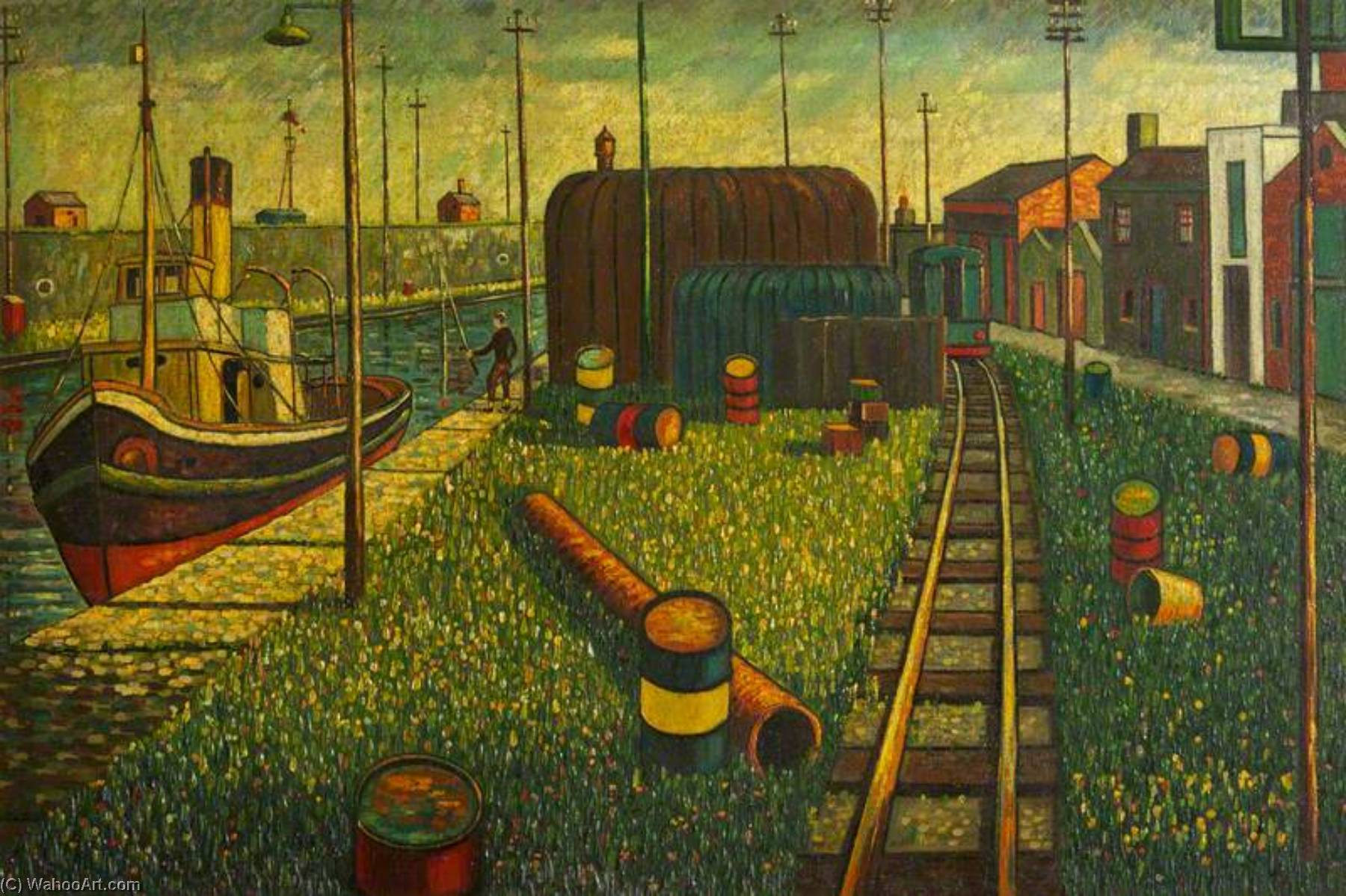 Figure Fishing by a Quayside with a Moored Tug close by and Barrels near a Railway Line by Charles Byrd (1916-2018) Charles Byrd | ArtsDot.com
