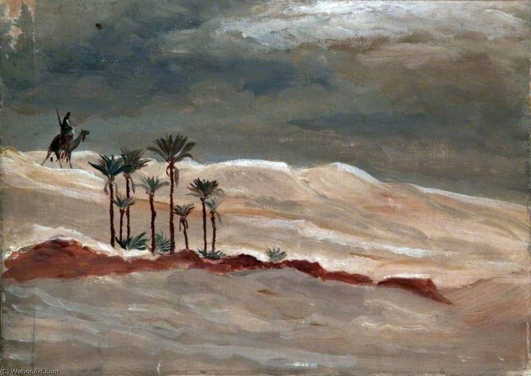 Order Oil Painting Replica Desert Landscape with a Camel Rider, Palm Trees and Stormy Sky, 1912 by Caroline Emily Gray Hill (1843-1924) | ArtsDot.com