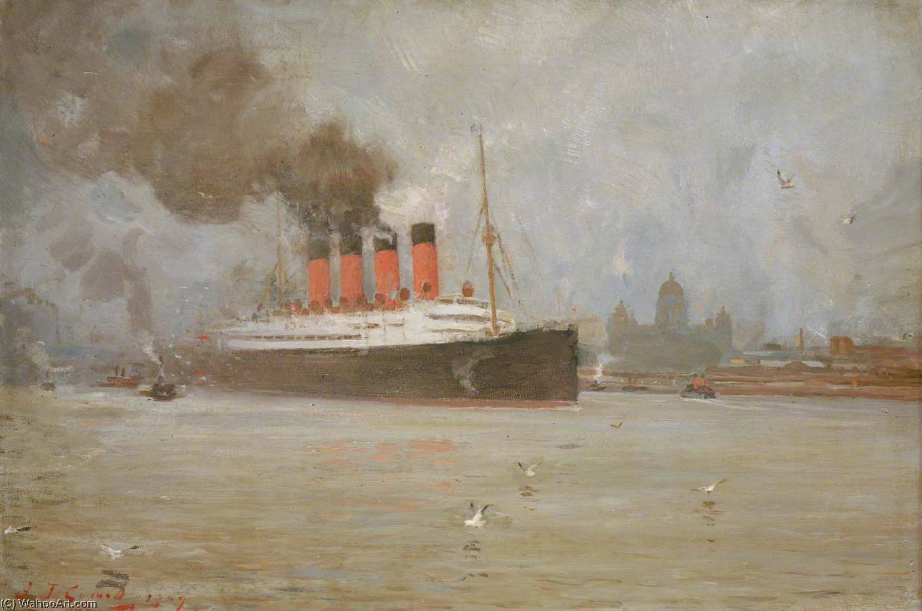 Buy Museum Art Reproductions The Steamship `Lusitania` in the Mersey, November 1907, 1907 by Frank Thomas Copnall (1870-1949) | ArtsDot.com