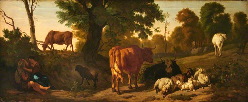 Order Oil Painting Replica Landscape with Cattle, Sheep, a Horse, a Goat and a Courting Couple of Rustics, 1677 by Dirck Van Den Bergen (1645-1700) | ArtsDot.com