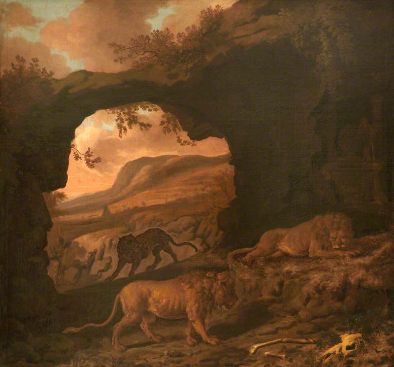 Obtener Reproducciones De Bellas Artes Un par de leones con un leopardo en una cueva, 1677 de Dirck Van Den Bergen (1645-1700) | ArtsDot.com