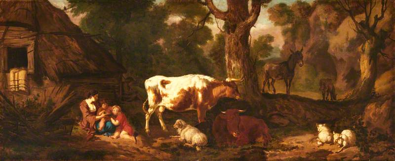 Order Artwork Replica A Mother with Two Children, Two Cows, Sheep, and an Ass, in a Clearing outside a Cottage, 1677 by Dirck Van Den Bergen (1645-1700) | ArtsDot.com