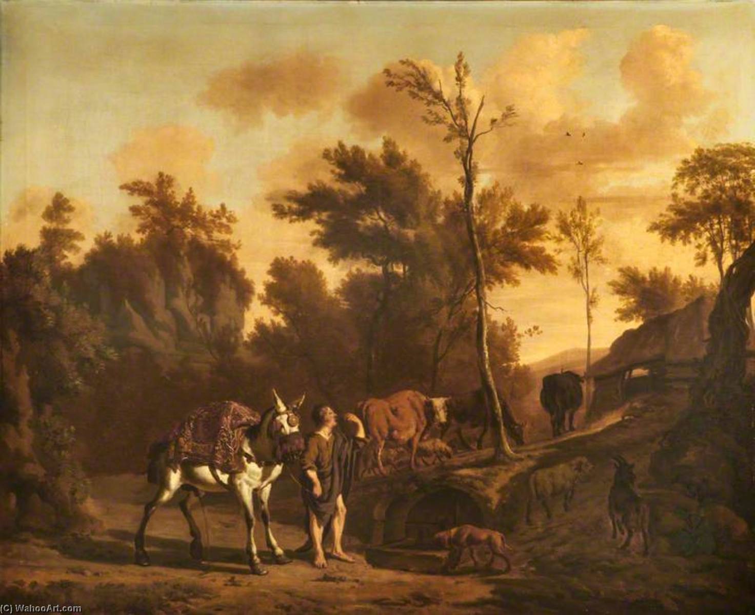 Order Oil Painting Replica Landscape with a Herdsman Leading a Staling Mule, a Goat, Dog, Cattle and Sheep, 1677 by Dirck Van Den Bergen (1645-1700) | ArtsDot.com