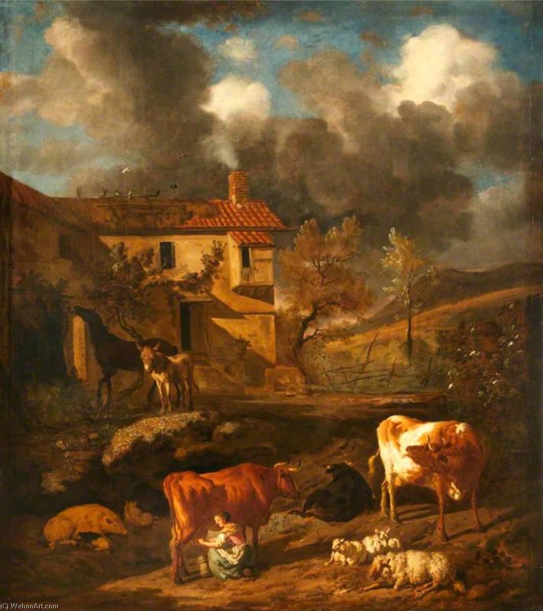 Order Art Reproductions Landscape with a Milkmaid Milking a Cow, a Farm Dwelling, Cows, Sheep and a Donkey, 1677 by Dirck Van Den Bergen (1645-1700) | ArtsDot.com