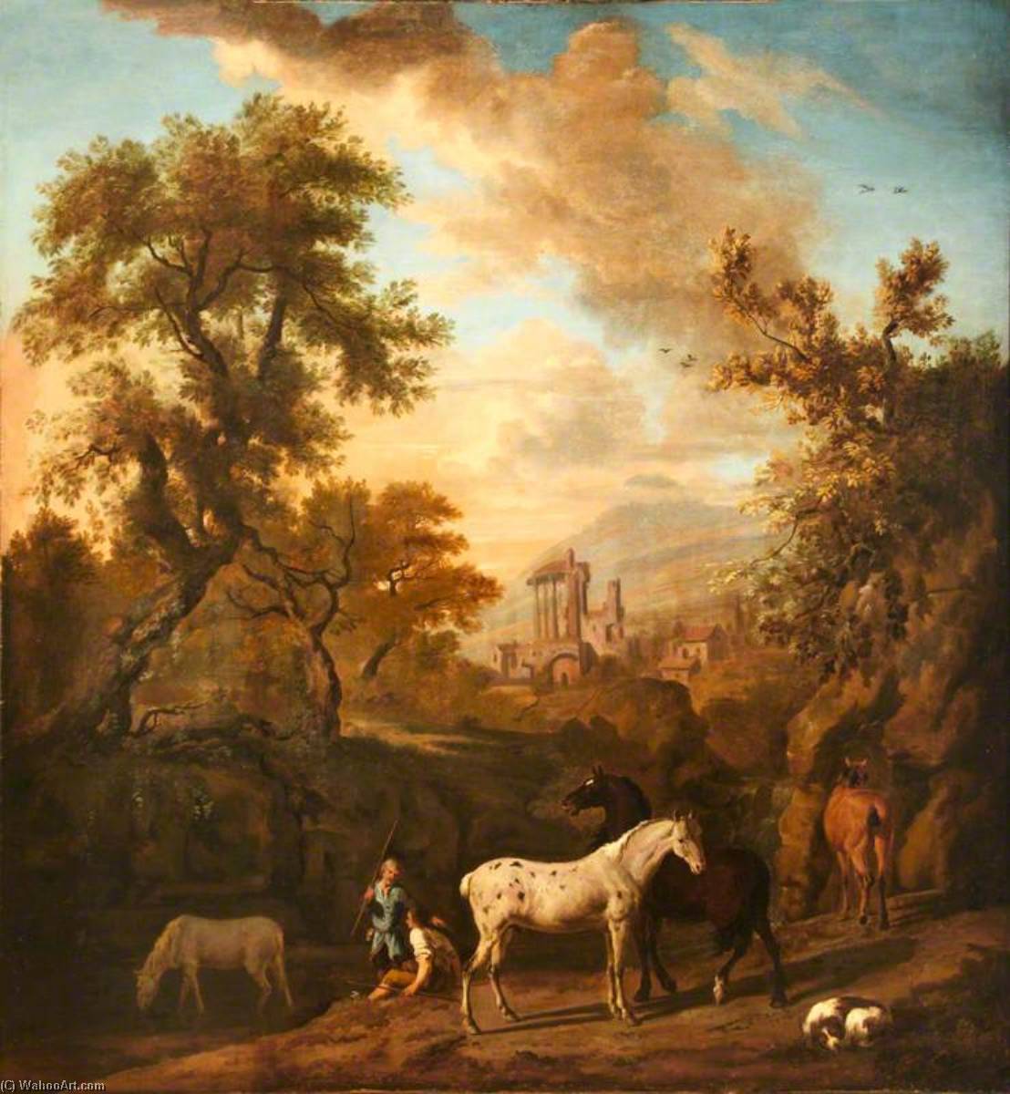 Order Oil Painting Replica Landscape with Figures, Horses and a Dog, and Ruins in the Distance, 1677 by Dirck Van Den Bergen (1645-1700) | ArtsDot.com