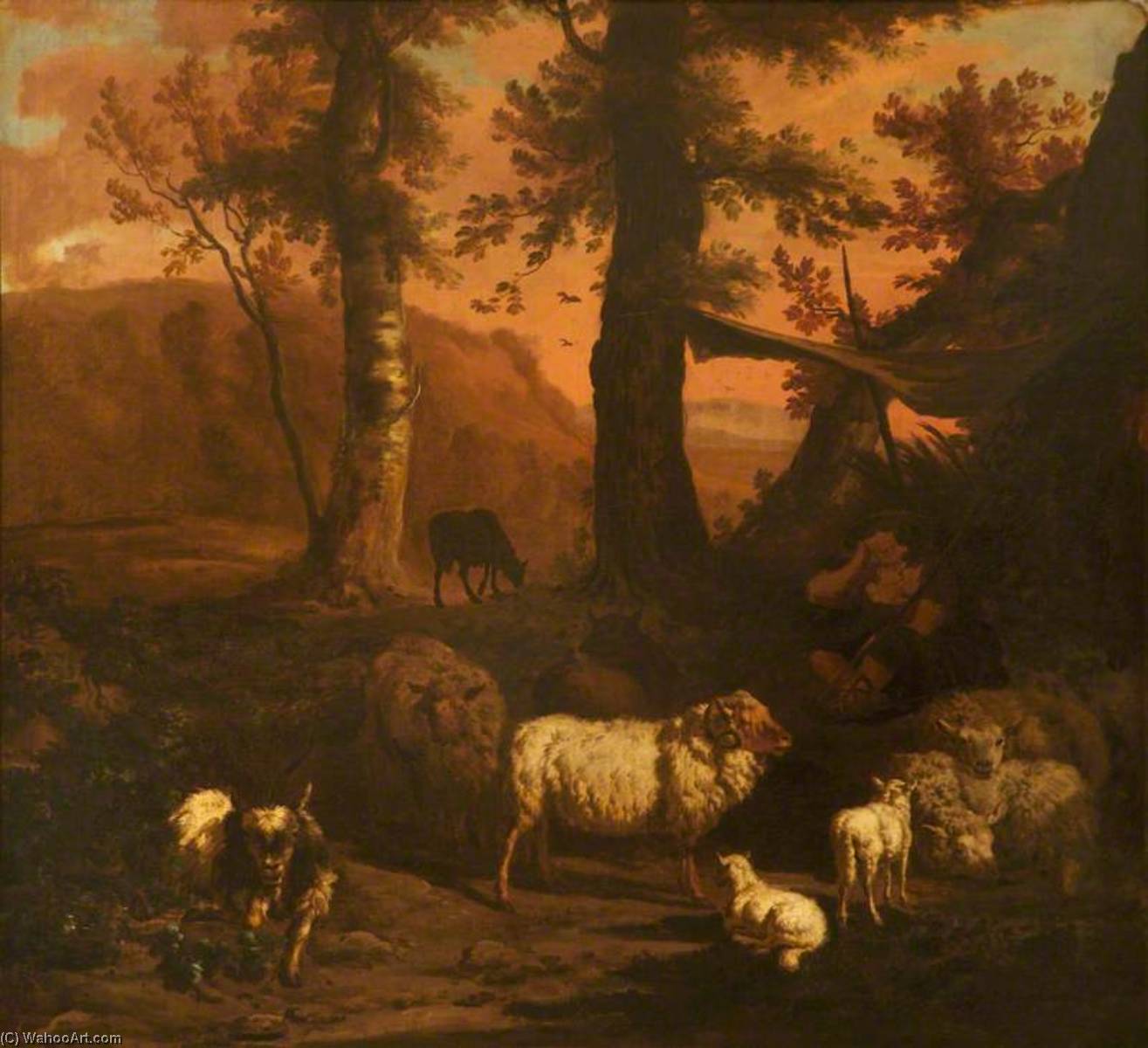 Order Artwork Replica A Landscape with a Shepherd under an Awning Surrounded by Sheep and a Goat, 1677 by Dirck Van Den Bergen (1645-1700) | ArtsDot.com