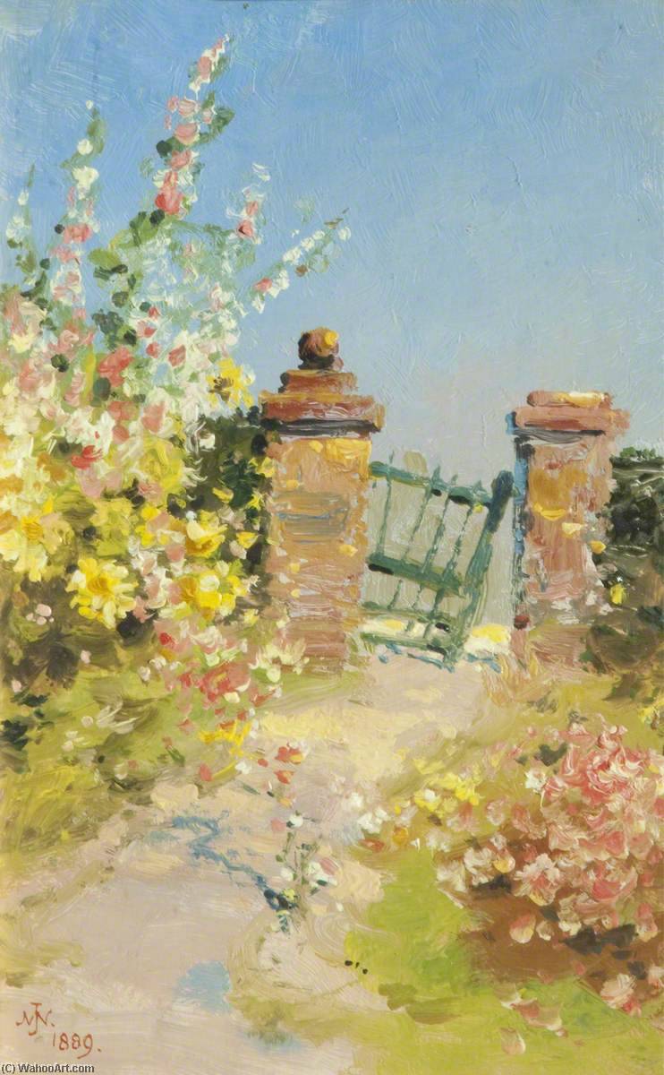 Order Oil Painting Replica Garden Gate with Hollyhocks, 1889 by John Miller Nicholson (1840-1913) | ArtsDot.com