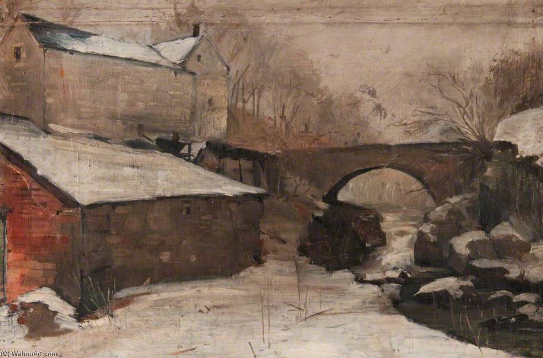 Order Oil Painting Replica Winter Scene with a Bridge and a Mill (Craigmill) by John Elliot Maguire (1866-1920) | ArtsDot.com