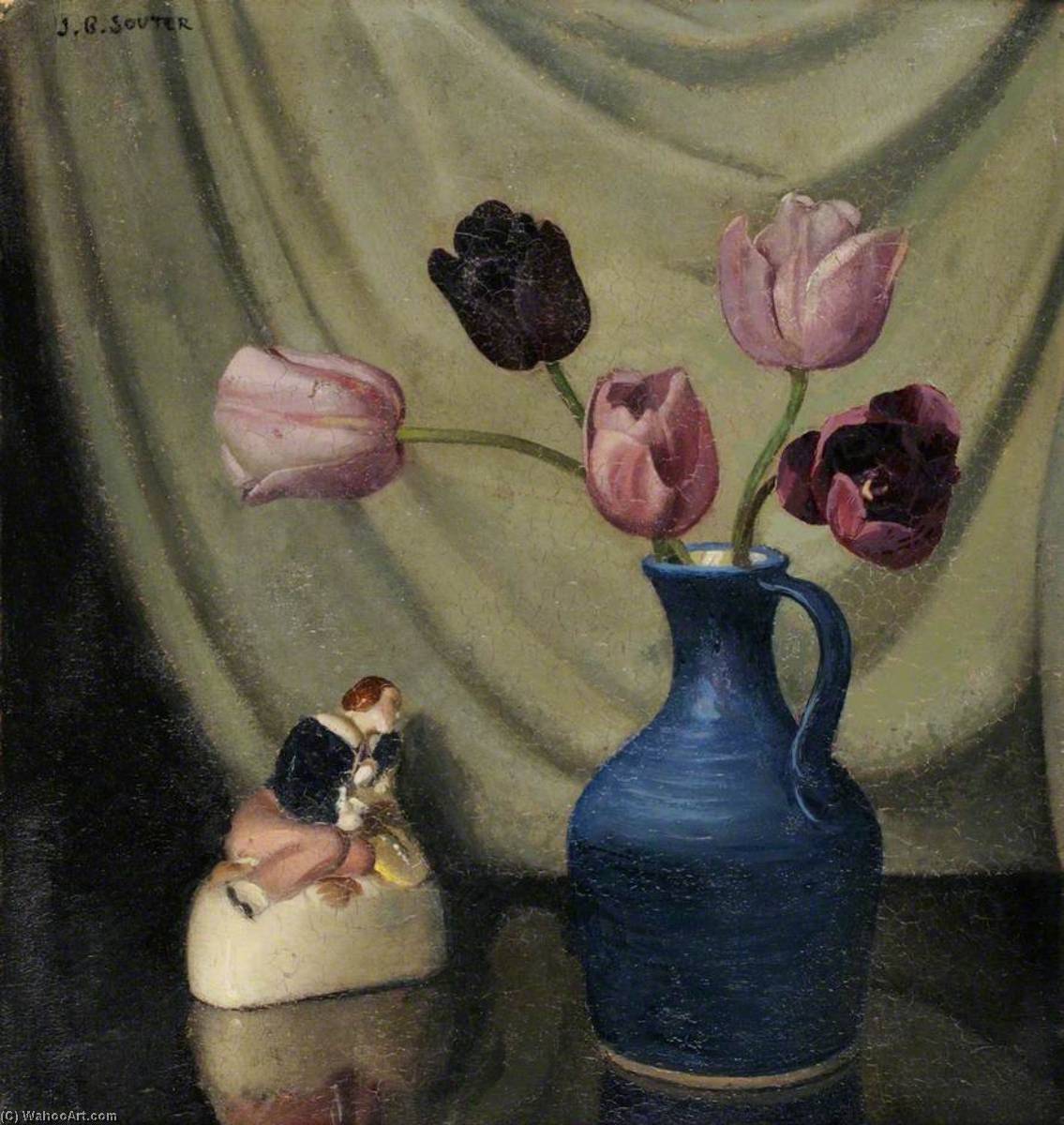 Order Artwork Replica Still Life with Purple Tulips and a Figurine by John Bulloch Souter (Inspired By) (1890-1972) | ArtsDot.com