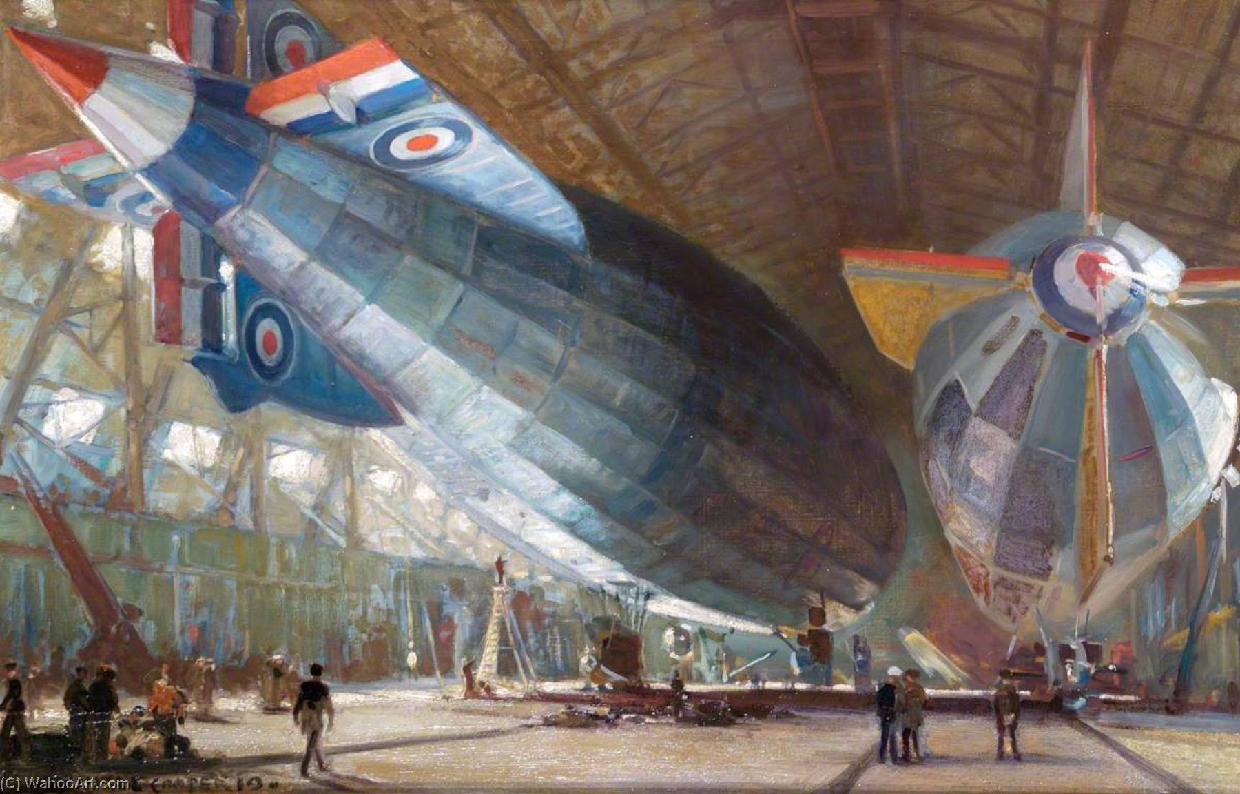 Order Oil Painting Replica R.34 and R.29 in the Shed at East Fortune, 1919 by Alfred Egerton Cooper (Inspired By) (1883-1974) | ArtsDot.com