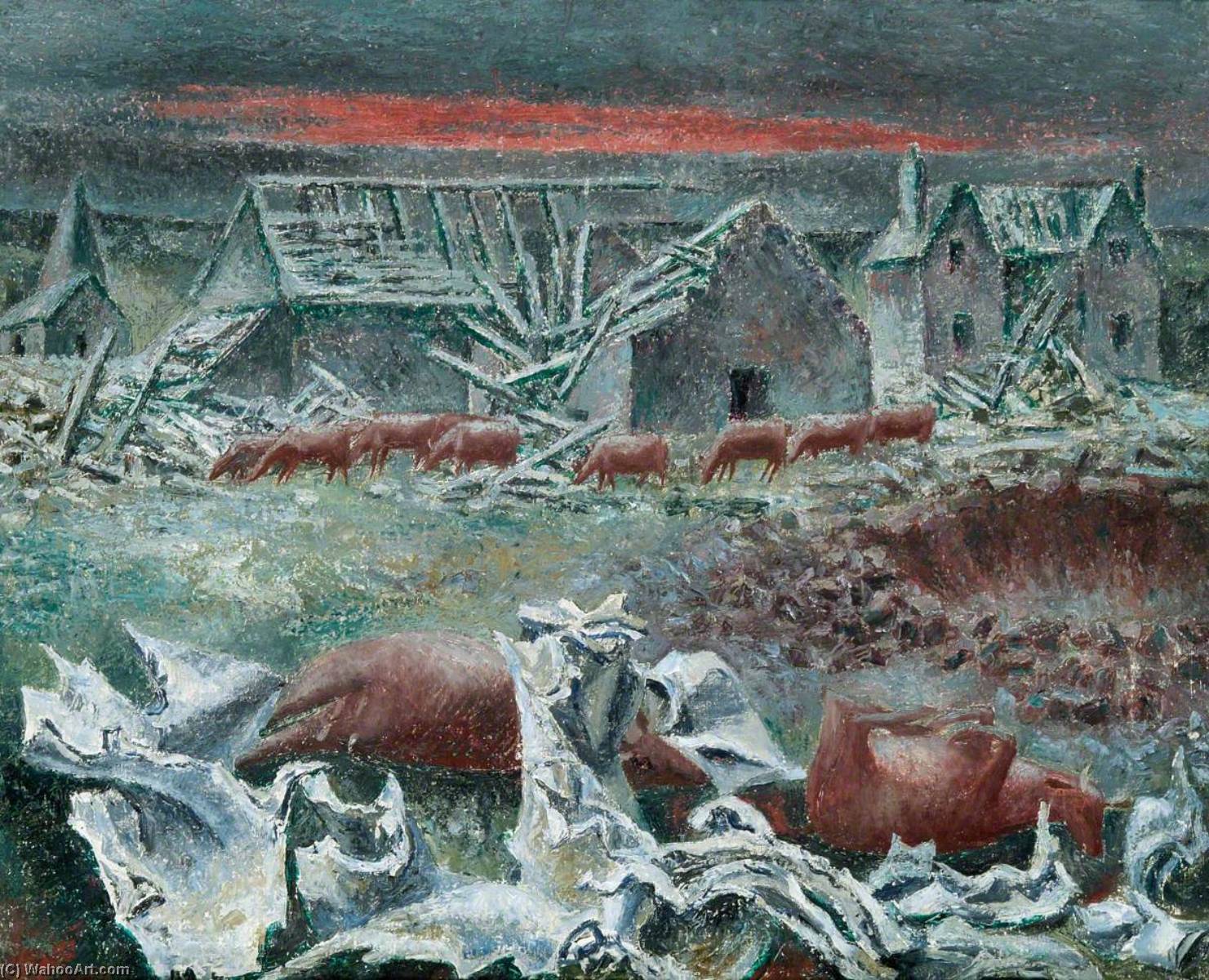 Order Artwork Replica Bomb Damage with Cows, 1944 by Kaff Gerrard (Inspired By) (1894-1970) | ArtsDot.com