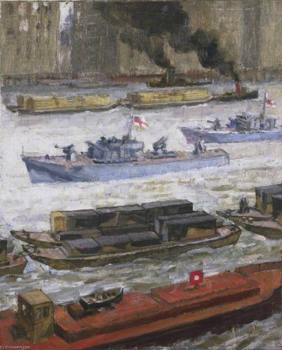 Order Oil Painting Replica Wartime Traffic on the River Thames War Supplies at Paul`s Wharf, 1942 by John Edgar Platt (Inspired By) (1886-1967) | ArtsDot.com