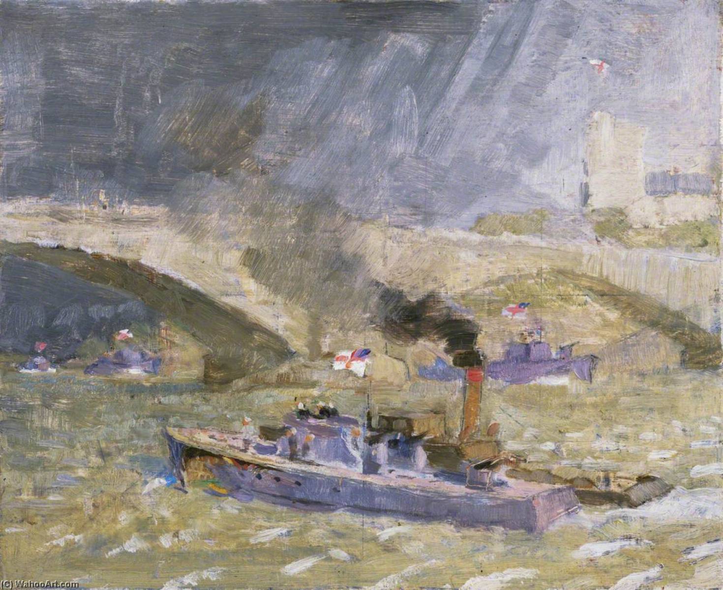 Order Artwork Replica Wartime Traffic on the River Thames Upriver Repairs after the Dieppe Raid, 1942 by John Edgar Platt (Inspired By) (1886-1967) | ArtsDot.com