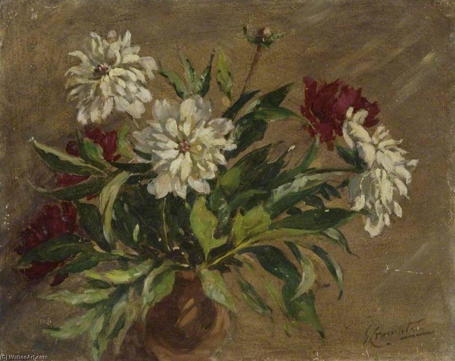 Order Oil Painting Replica White and Burgundy Flowers in a Brown Vase by Gertrude Crompton (Inspired By) (1874-1959) | ArtsDot.com