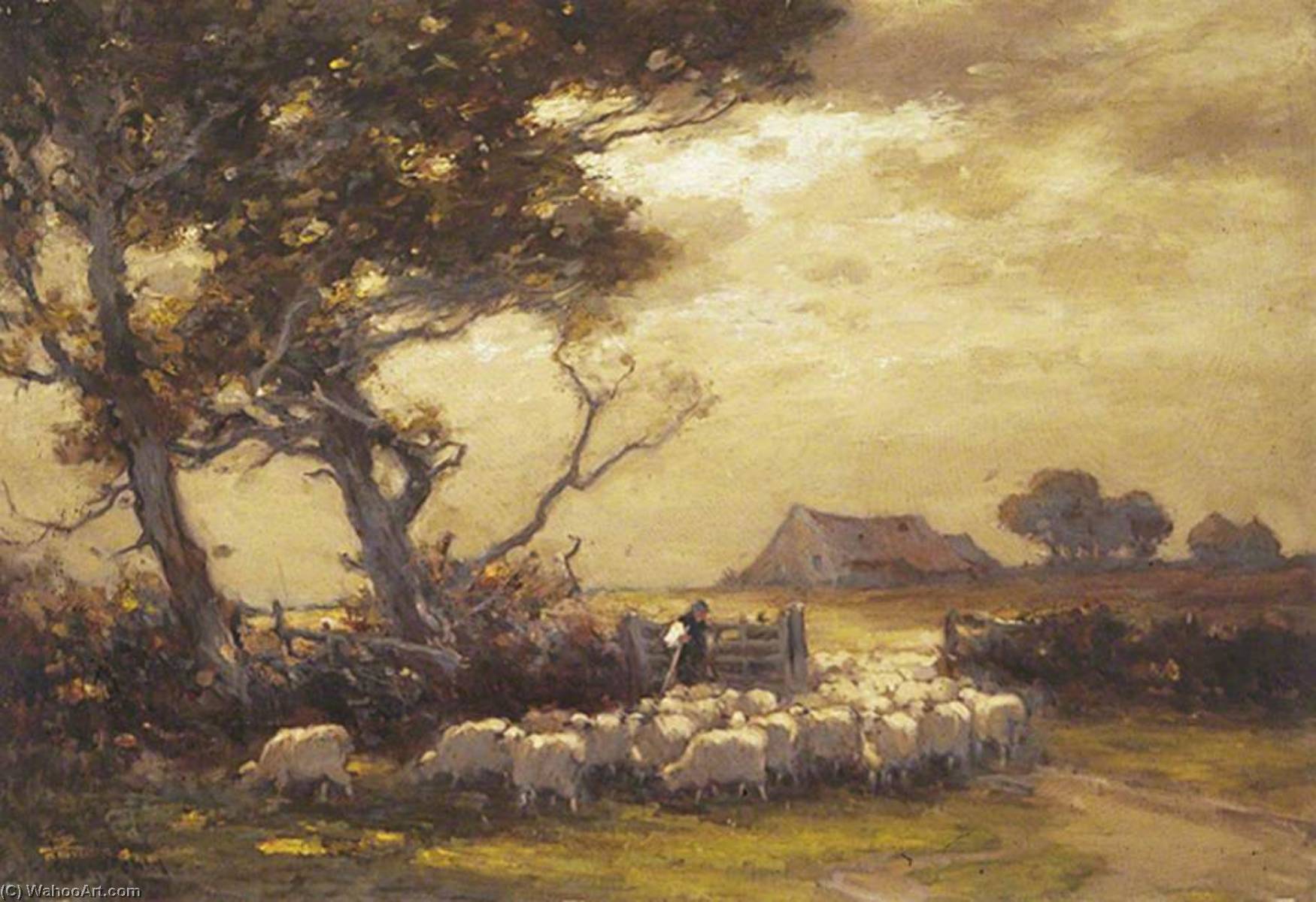 Buy Museum Art Reproductions A Flock of Sheep Passing through a Gateway by Owen Bowen (Inspired By) (1873-1967) | ArtsDot.com