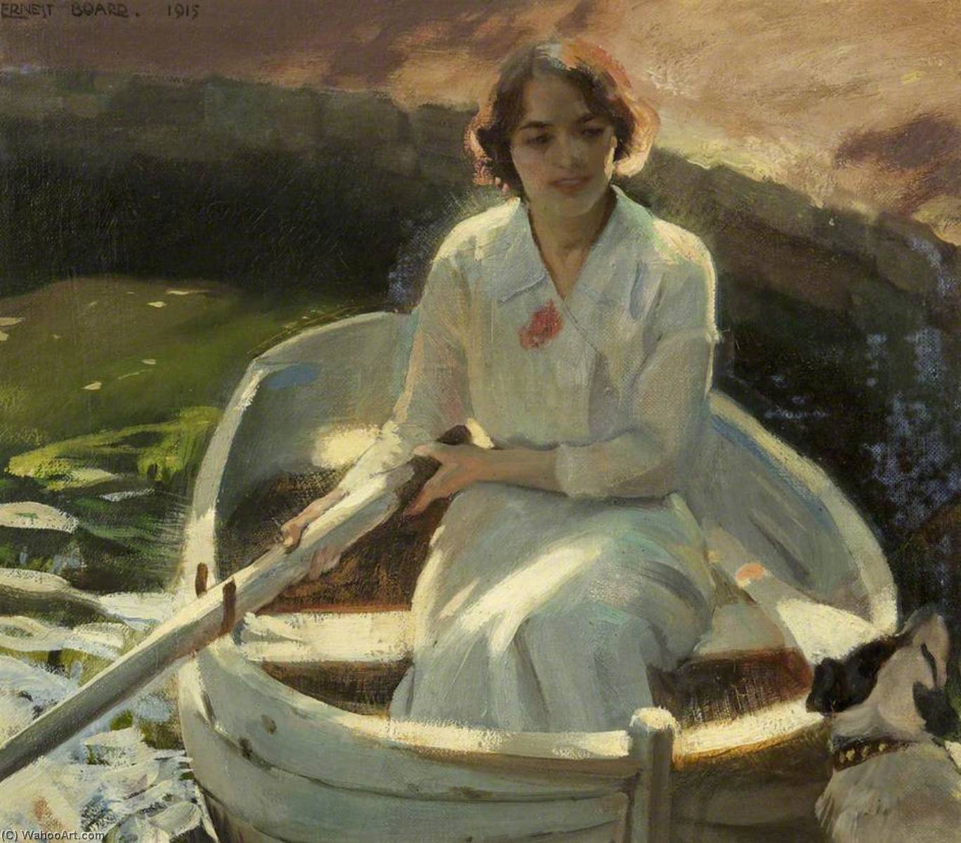 Order Art Reproductions Study of a Young Girl in a Rowing Boat with a Dog by Ernest Board (1877-1934) | ArtsDot.com